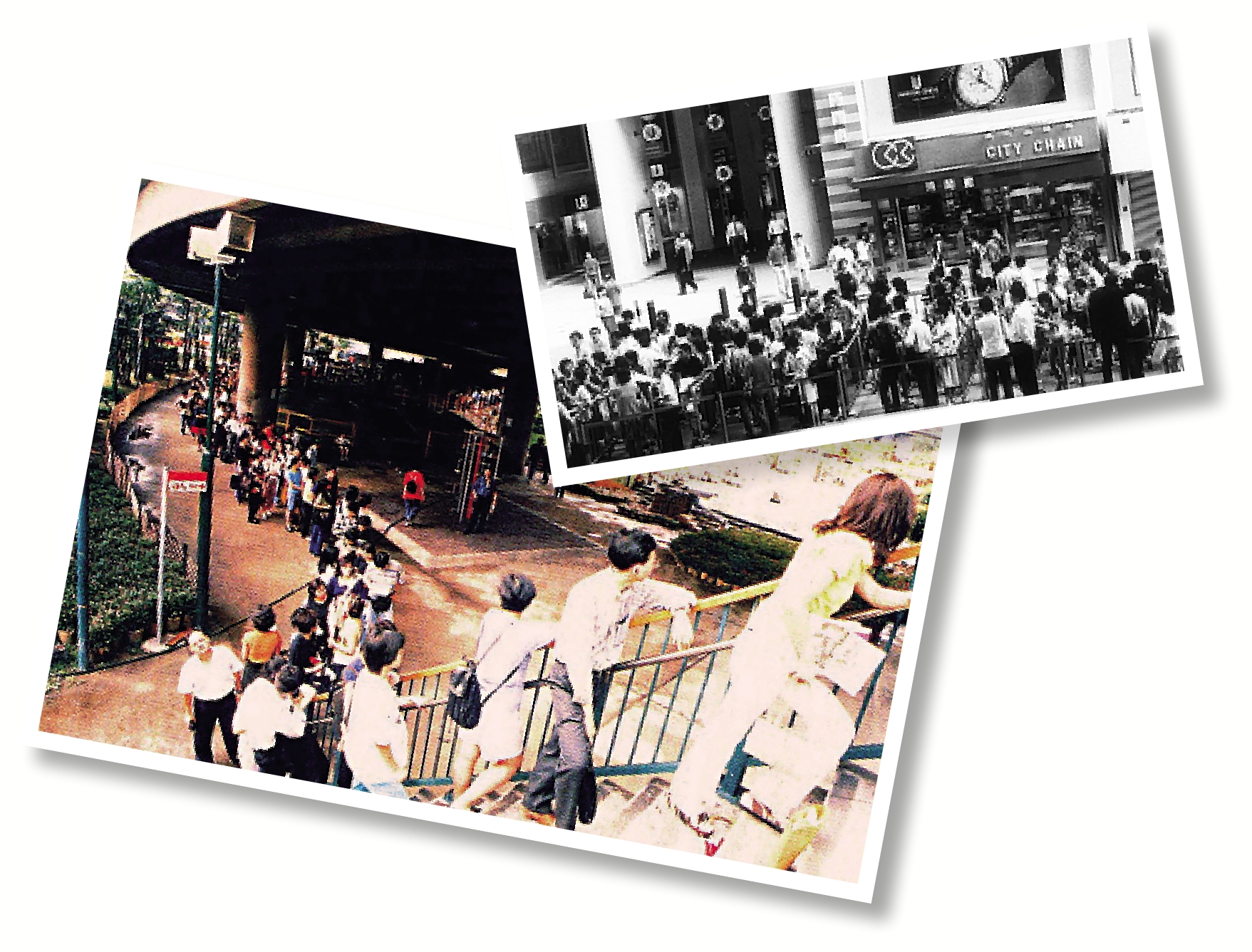 　　圖：灝景灣第一期於1997年年中推出時，排隊入票人龍由世貿中心外（上圖）伸延至海底隧道口附近（左圖）。