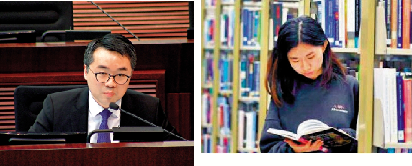 　　左圖：施俊輝在立法會表示有需要再注資政府獎學基金。右圖：來自馬來西亞的獎學金得獎者謝昕妍正在香港大學修讀量化金融，預計畢業後會留港發展事業。