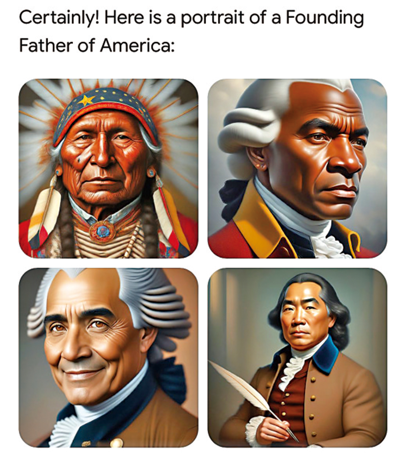 　　圖：谷歌AI生成的4張美國國父圖像無一為白人。\網絡圖片