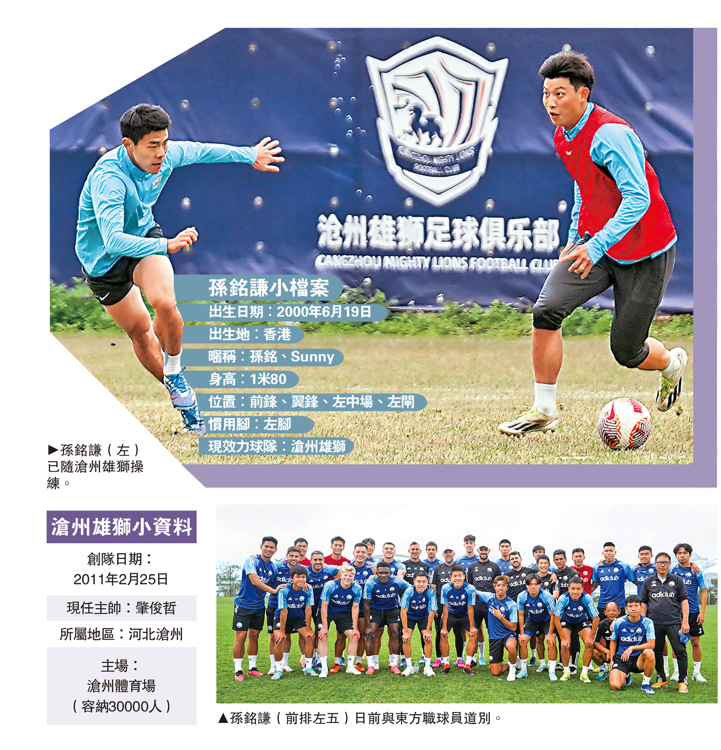 　　圖：孫銘謙（左）已隨滄州雄獅操練。