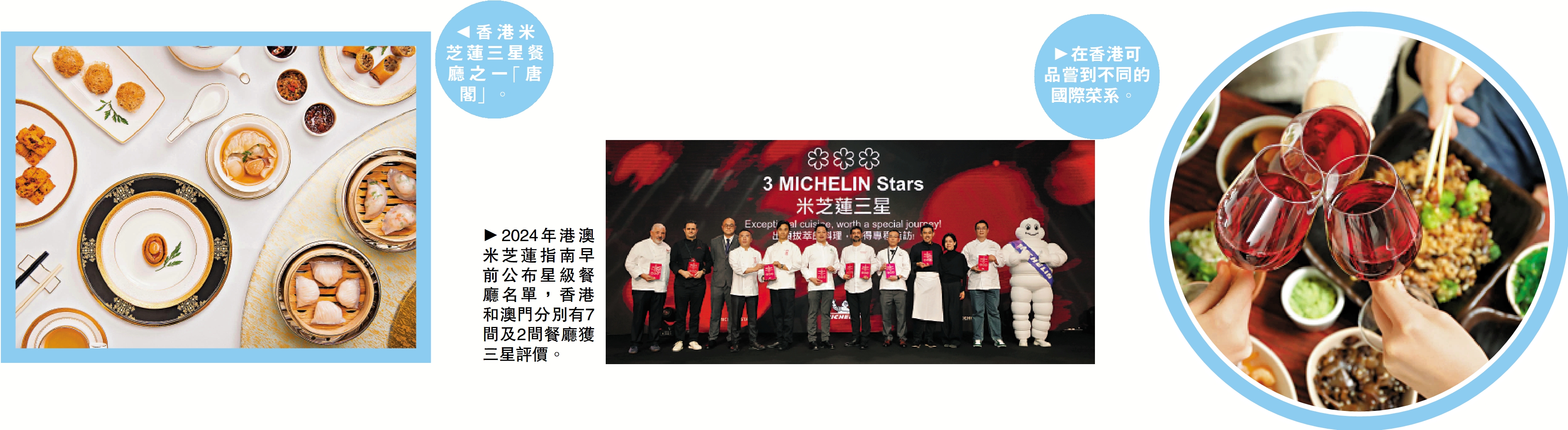 　　左圖：香港米芝蓮三星餐廳之一「唐閣」。中圖：2024年港澳米芝蓮指南早前公布星級餐廳名單，香港和澳門分別有7間及2間餐廳獲三星評價。右圖：在香港可品嘗到不同的國際菜系。