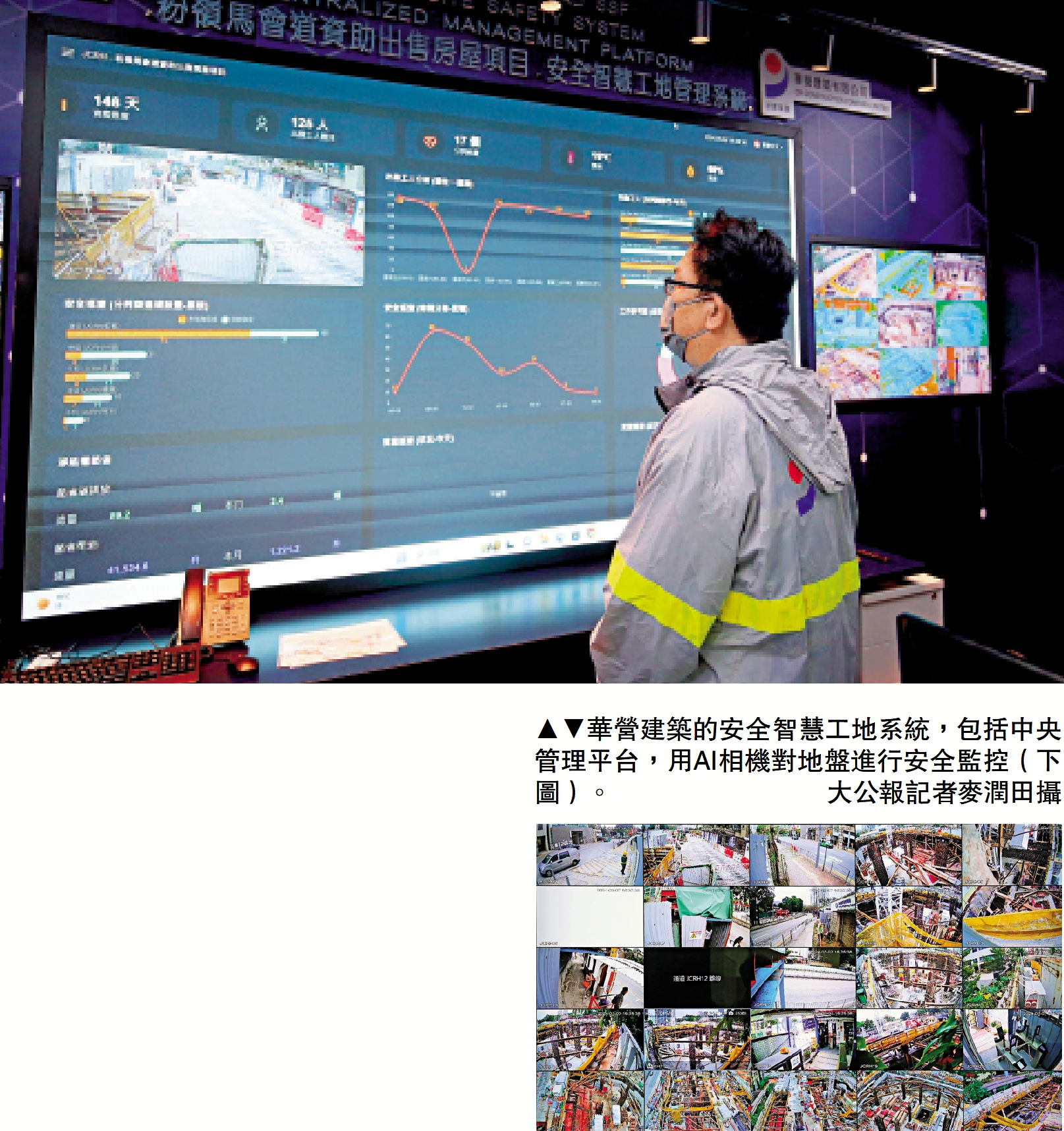 　　圖：華營建築的安全智慧工地系統，包括中央管理平台，用AI相機對地盤進行安全監控（下圖）。 大公報記者麥潤田攝