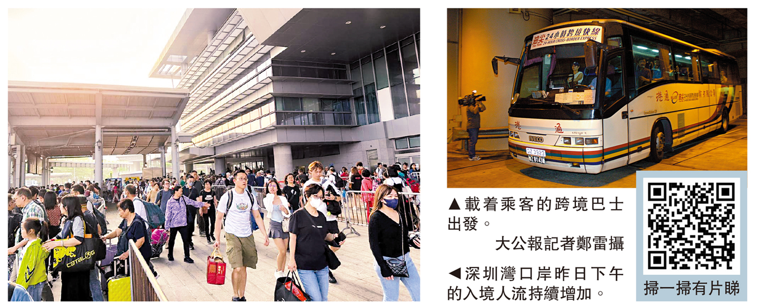 　　左圖：深圳灣口岸昨日下午的入境人流持續增加。右圖：載着乘客的跨境巴士出發。\大公報記者鄭雷攝