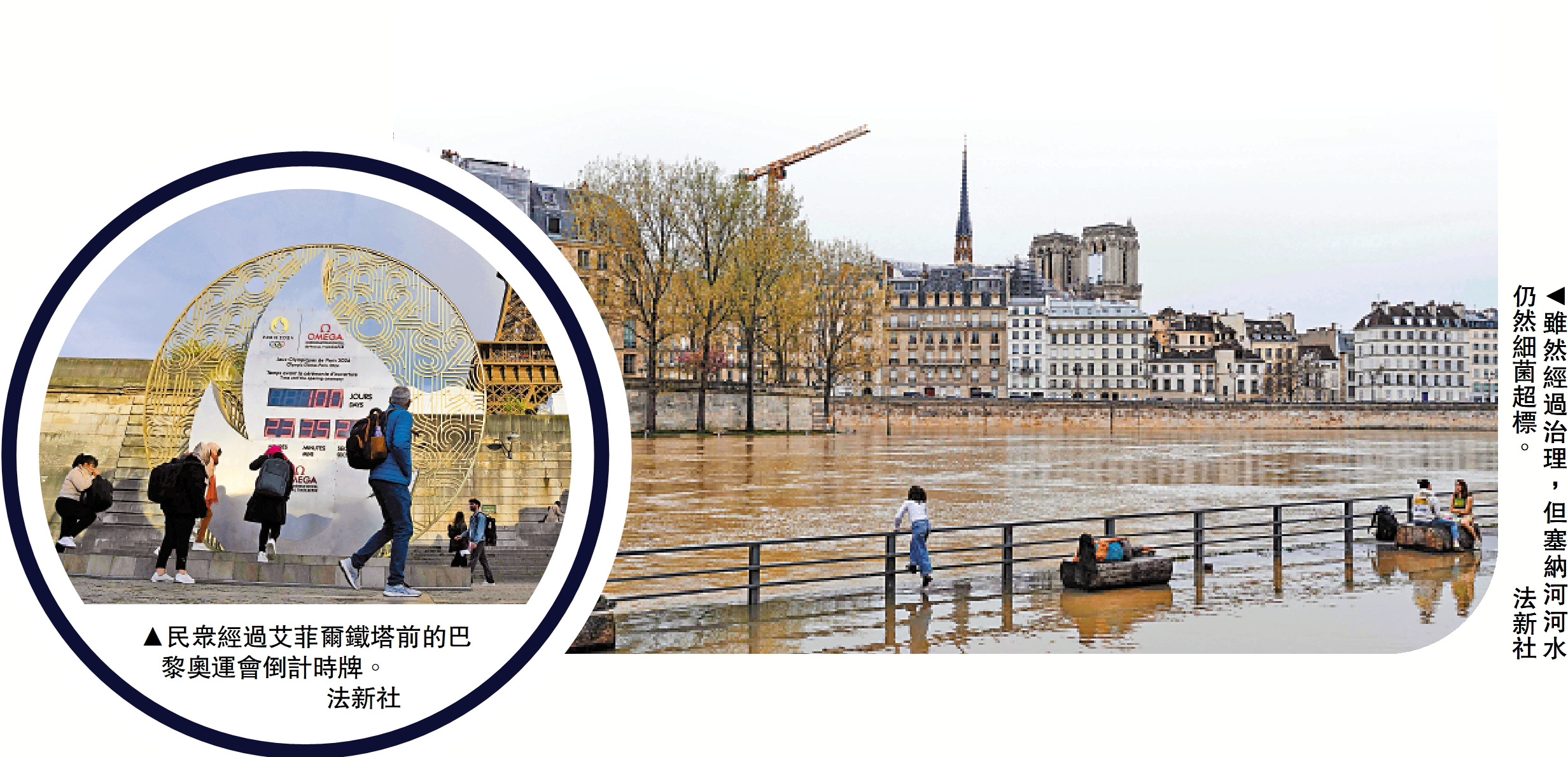 　　右圖：雖然經過治理，但塞納河河水仍然細菌超標。\法新社；左圖：民眾經過艾菲爾鐵塔前的巴黎奧運會倒計時牌。\法新社
