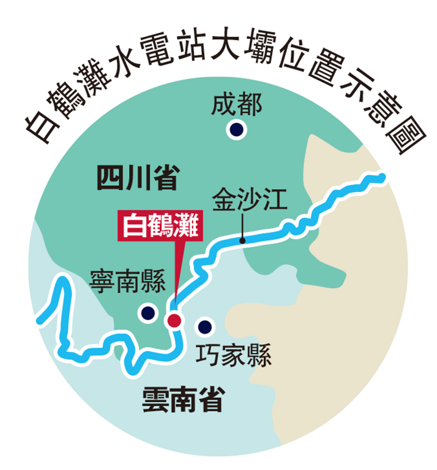 　　圖：白鶴灘水電站大壩位置示意圖