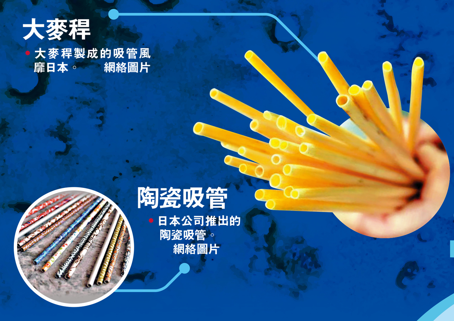 　　左圖：大麥稈/大麥稈製成的吸管風靡日本。右圖：陶瓷吸管/日本公司推出的陶瓷吸管。\網絡圖片