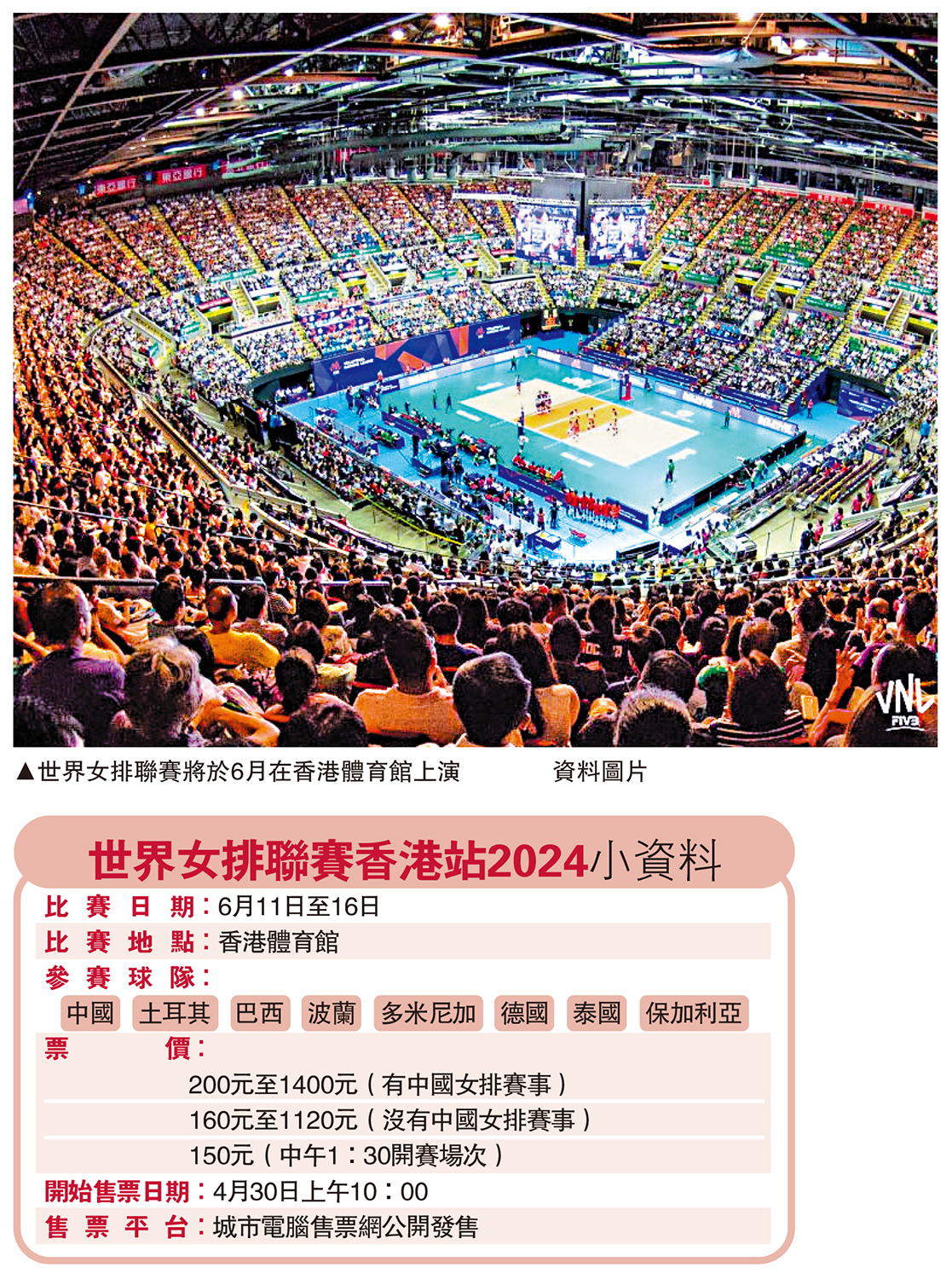 　　圖：世界女排聯賽將於6月在香港體育館上演。\資料圖片