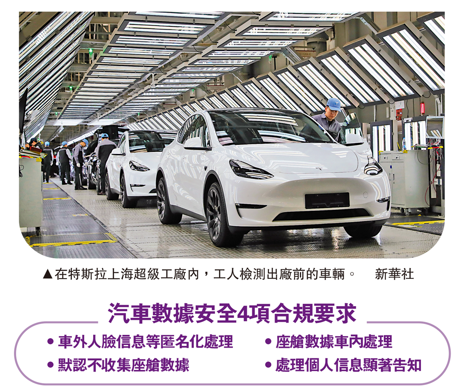 　　圖：在特斯拉上海超級工廠內，工人檢測出廠前的車輛。\新華社