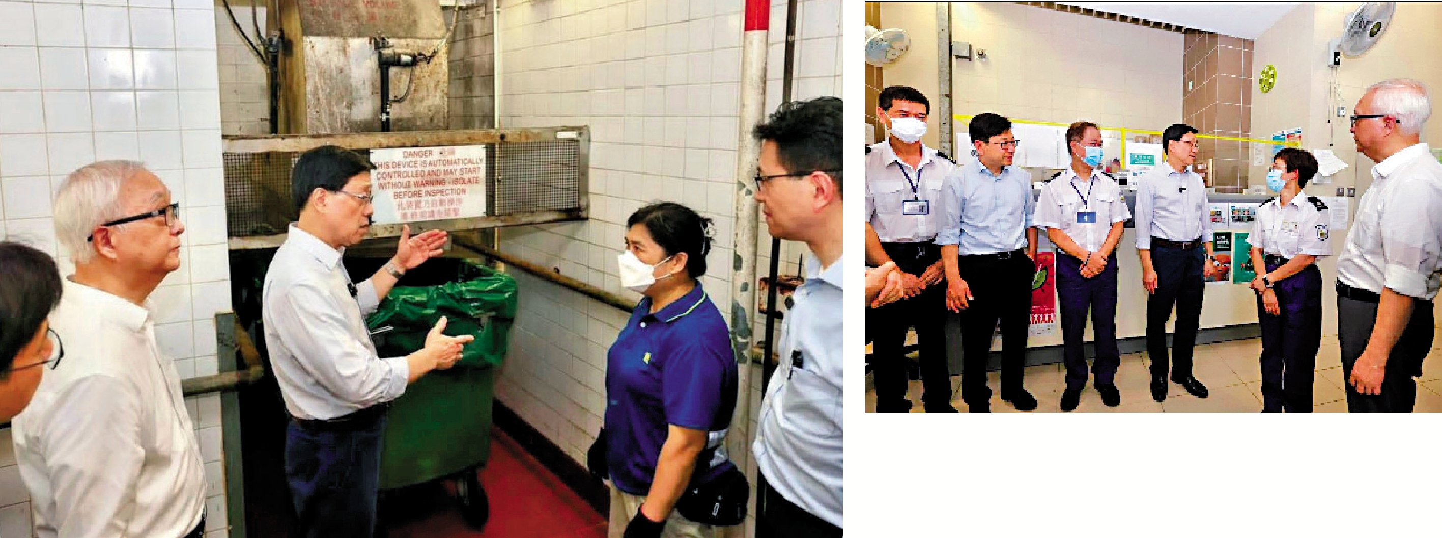 　　左圖：李家超到柴灣連翠邨探訪清潔工人，工人反映垃圾收費試行後工作量大增。右圖：李家超跟大廈管理員交談，了解先行先試實施後的情況。