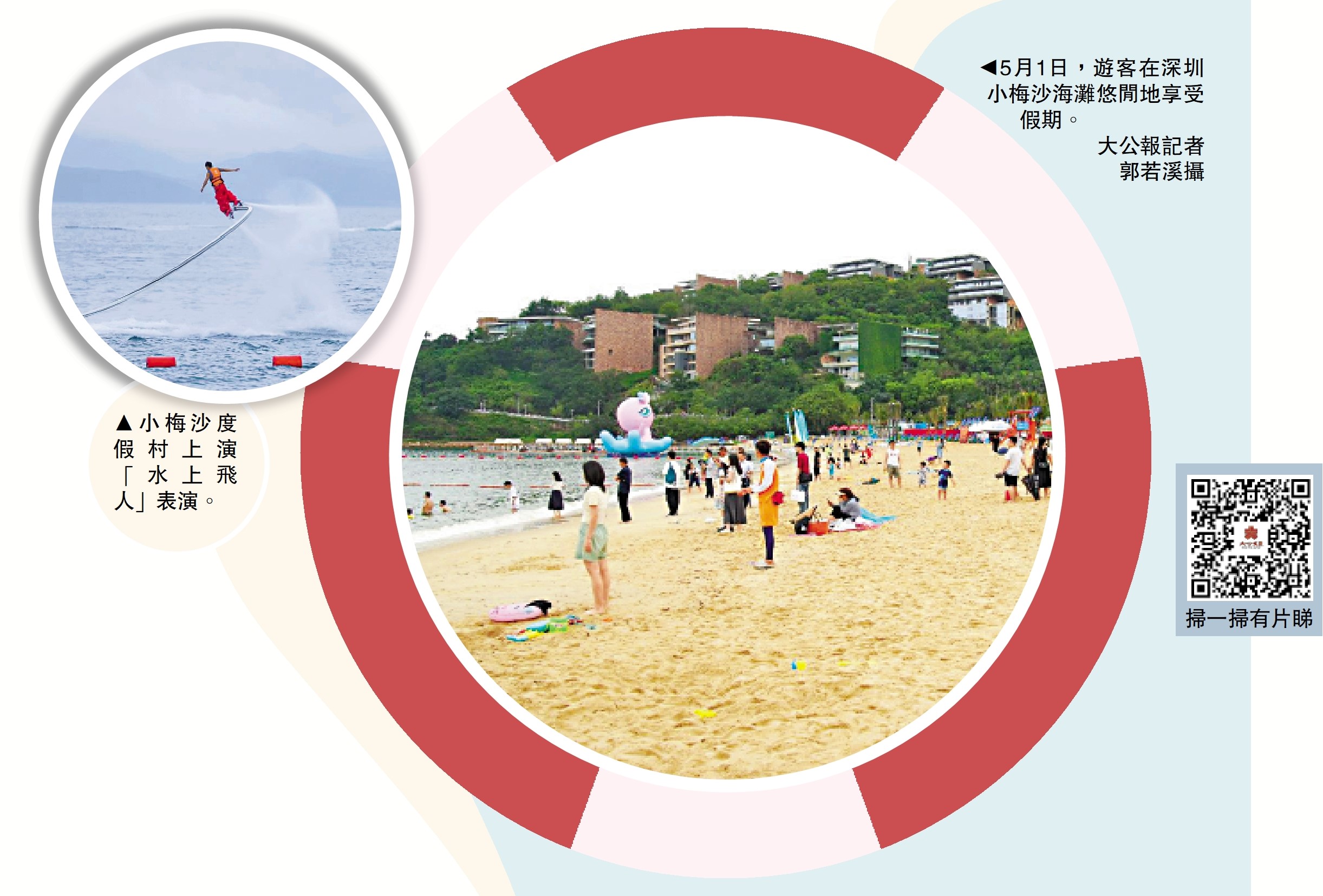 　　左圖：小梅沙度假村上演「水上飛人」表演。右圖：5月1日，遊客在深圳小梅沙海灘悠閒地享受假期。\大公報記者郭若溪攝