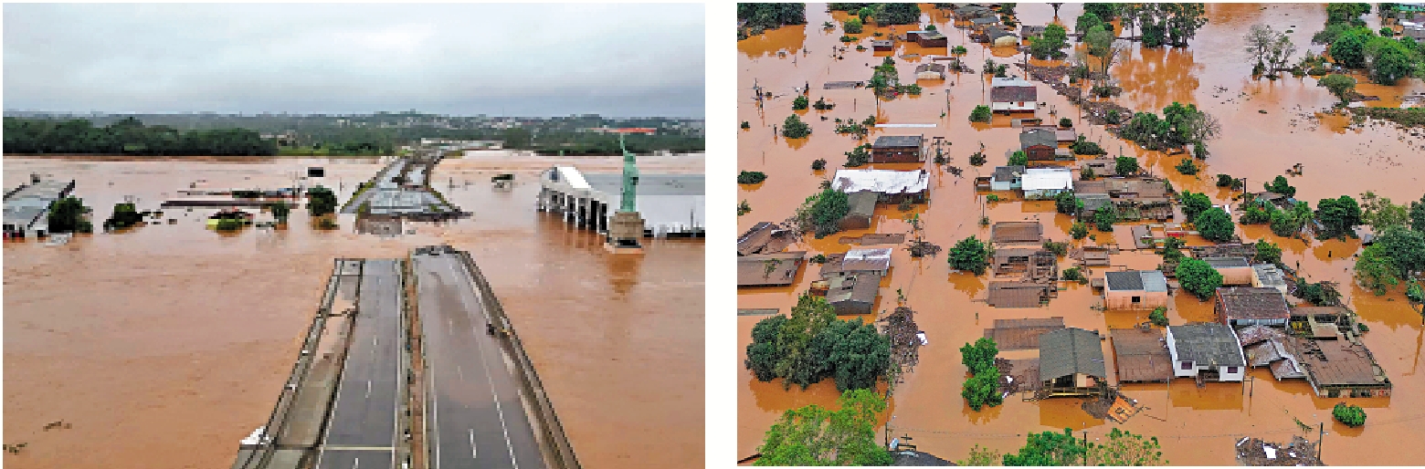 　　圖：5月3日，巴西南里奧格蘭德州恩坎塔多，無人機拍攝的洪水災區景象。\路透社