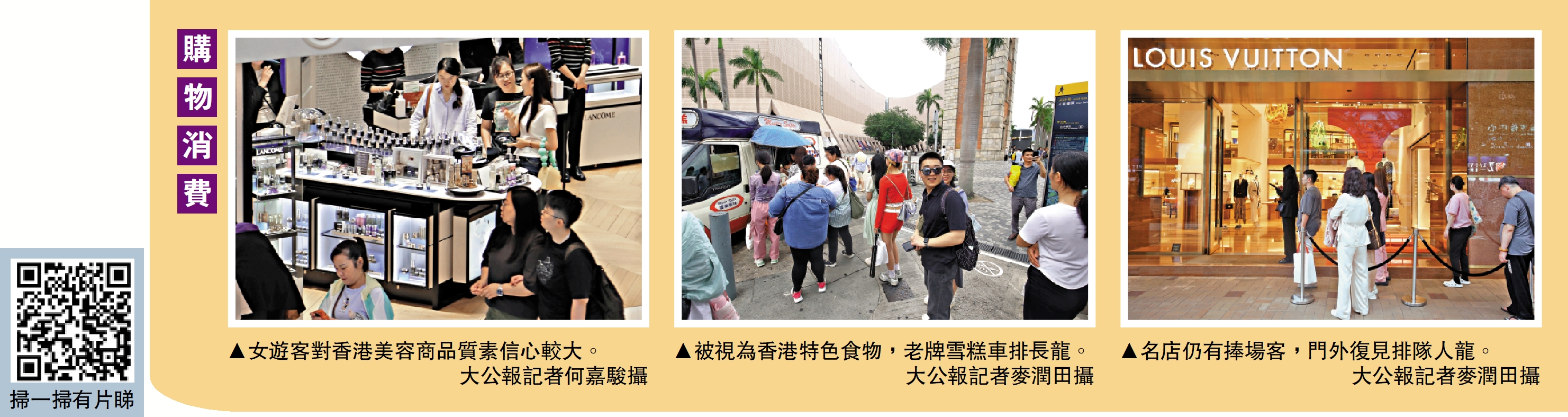 　　圖：（左）女遊客對香港美容商品質素信心較大。（左）被視為香港特色食物，老牌雪糕車排長龍。（左）名店仍有捧場客，門外復見排隊人龍。大公報記者麥潤田攝