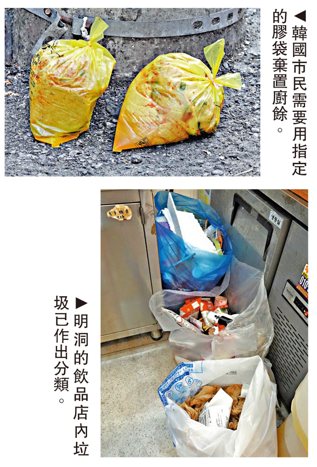 　　上圖：韓國市民需要用指定的膠袋棄置廚餘。下圖：明洞的飲品店內垃圾已作出分類。