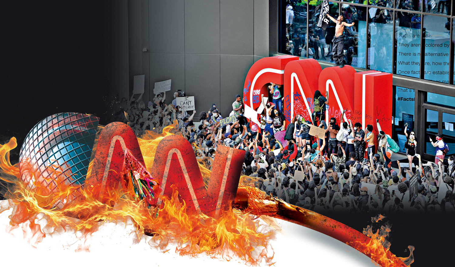 　　圖：CNN報道偏頗的問題長期存在。圖為2020年美國反種族主義示威者衝擊CNN總部。\資料圖片