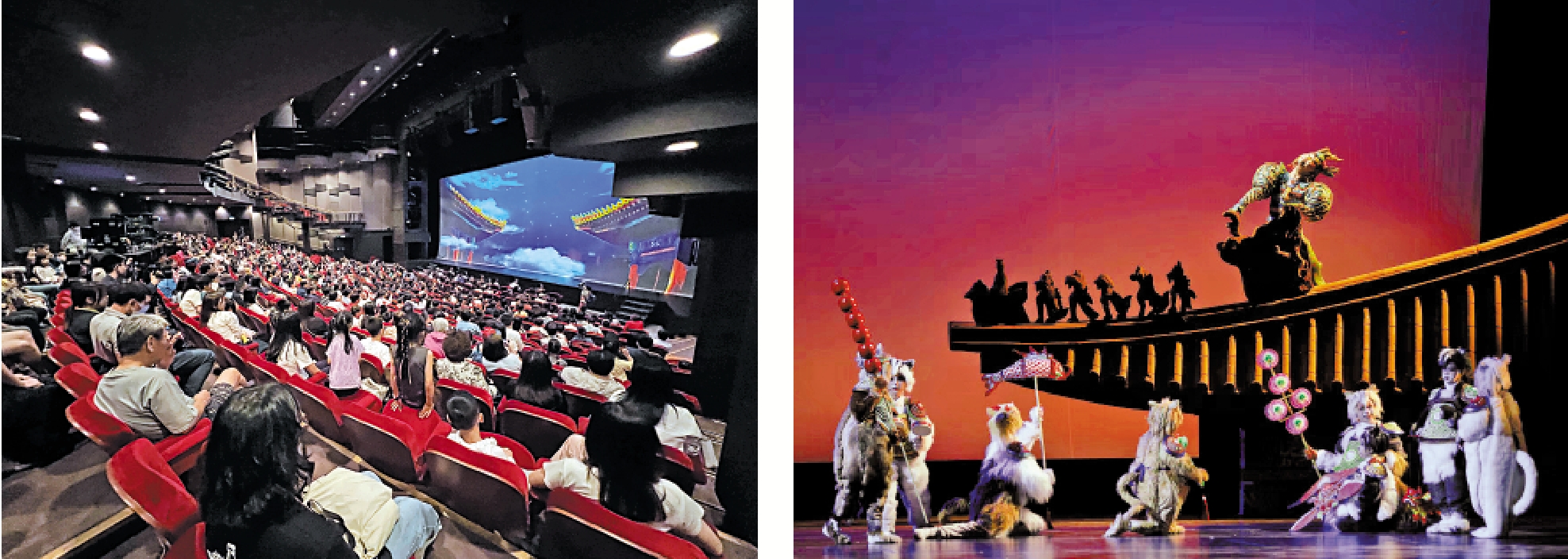 　　左圖：《甪端》日前在葵青劇院演出，座無虛席。右圖：《甪端》將國寶擬人化處理，由真人扮演文物。