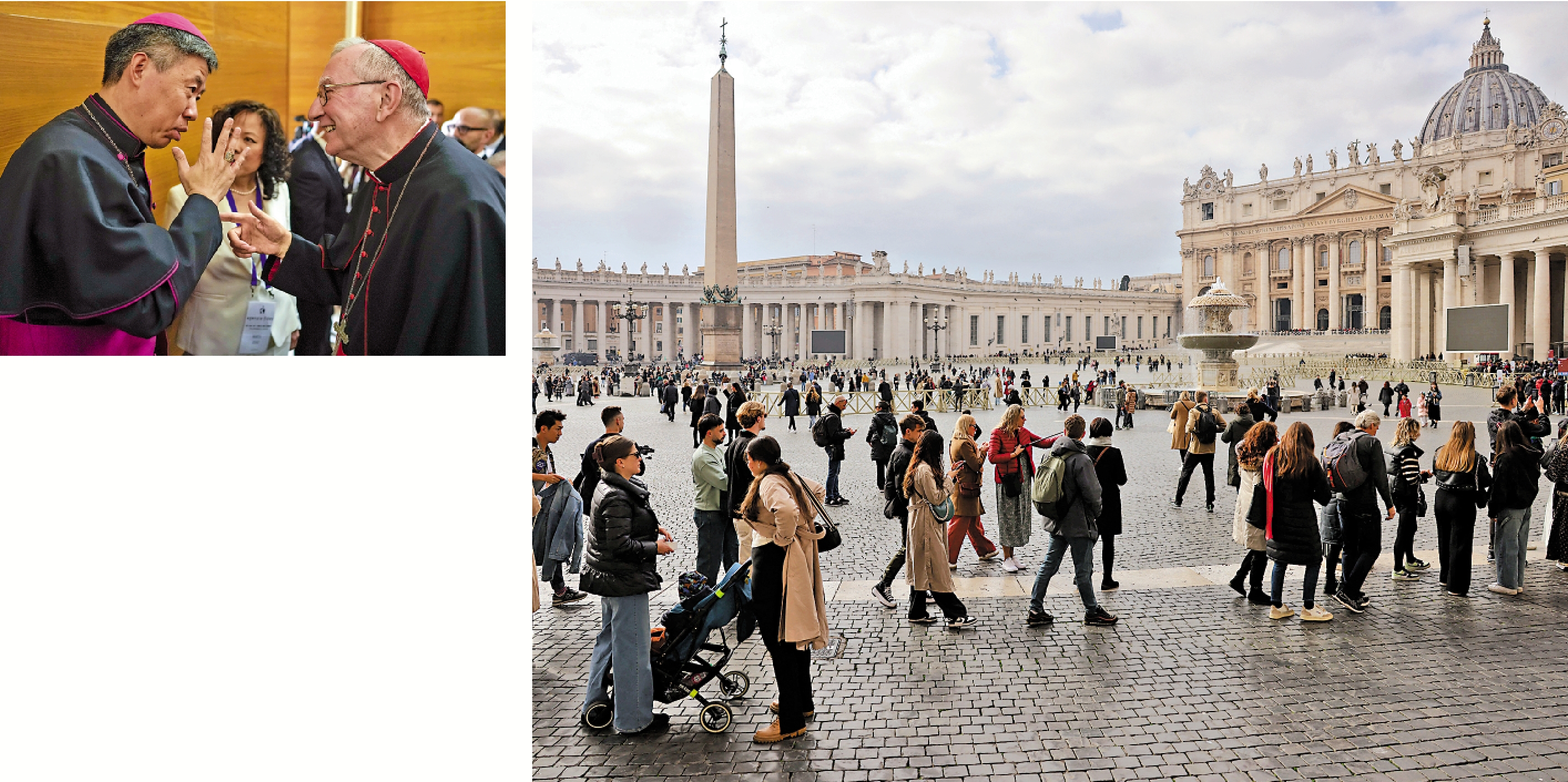 　　左圖：梵蒂岡國務卿帕羅林（右）21日與中國上海教區主教沈斌交談。\美聯社；右圖：遊客排隊參觀梵蒂岡聖彼得大教堂。\路透社