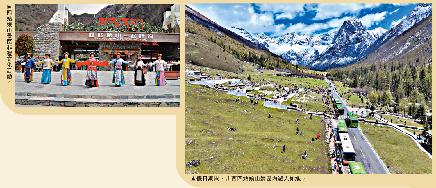 　　左圖：四姑娘山景區非遺文化活動。右圖：假日期間，川西四姑娘山景區內遊人如織。