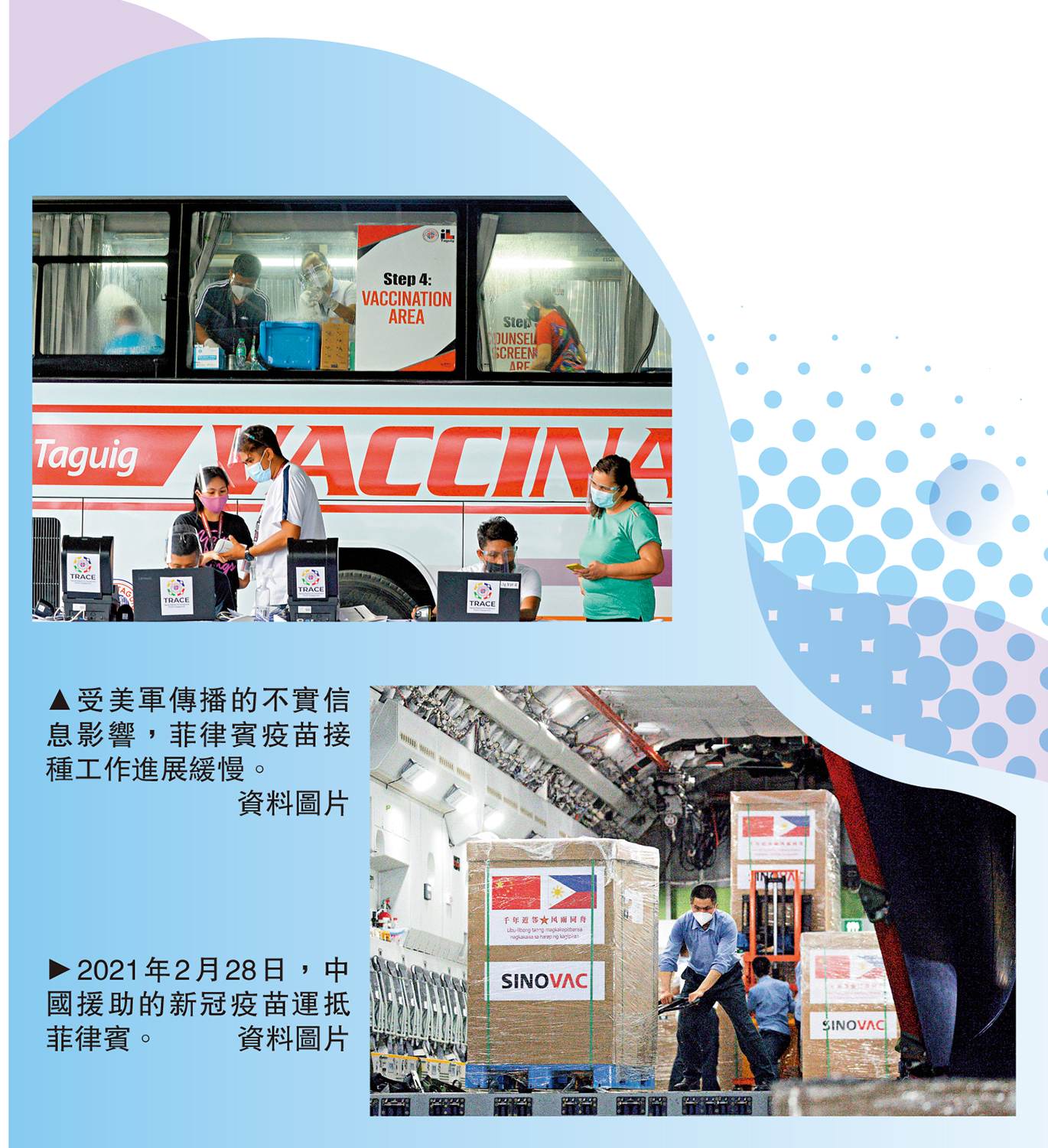 　　上圖：受美軍傳播的不實信息影響，菲律賓疫苗接種工作進展緩慢。下圖：2021年2月28日，中國援助的新冠疫苗運抵菲律賓。\資料圖片