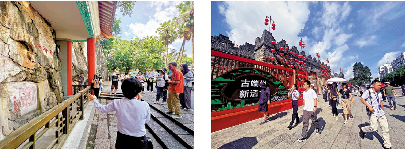 　　左圖：記者在七星岩景區拍攝。\大公報記者盧靜怡攝；右圖：採訪團走訪肇慶宋城牆。\大公報記者盧靜怡攝