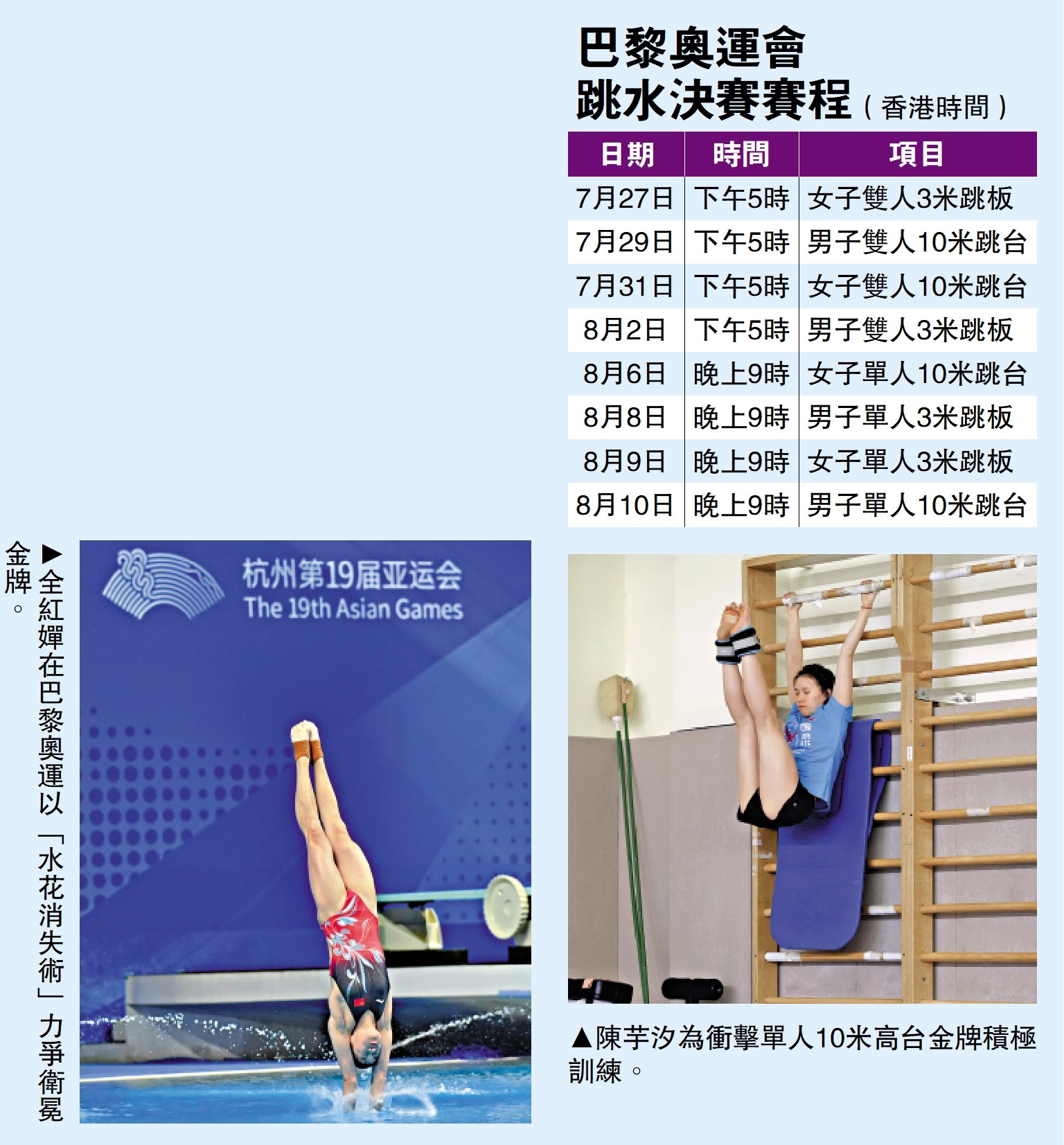 　　右圖：陳芋汐為衝擊單人10米高台金牌積極訓練。左圖：全紅嬋在巴黎奧運以「水花消失術」力爭衛冕金牌。
