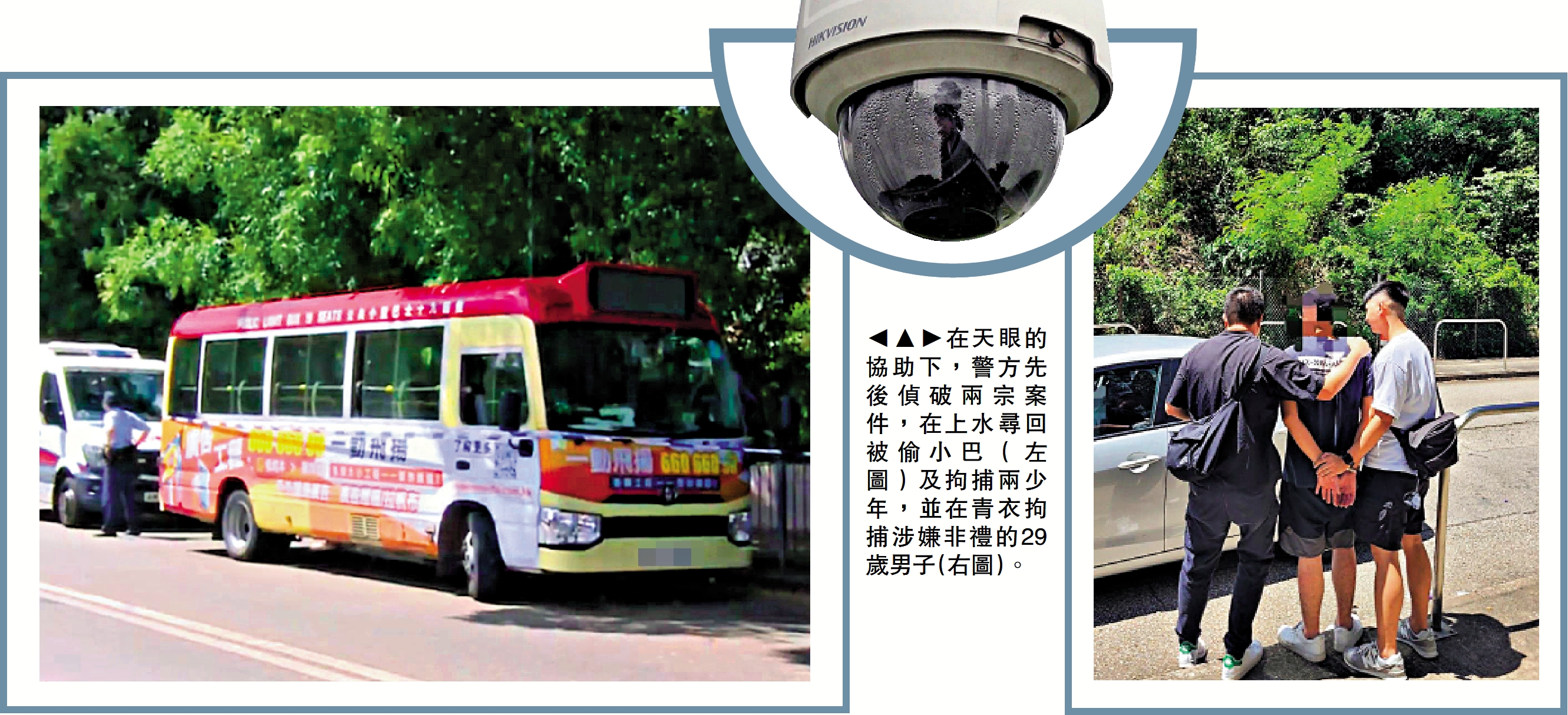 圖:在天眼的協助下,警方先後偵破兩宗案件,在上水尋回被偷小巴(左圖)及拘捕兩少年,並在青衣拘捕涉嫌非禮的29歲男子(右圖)。