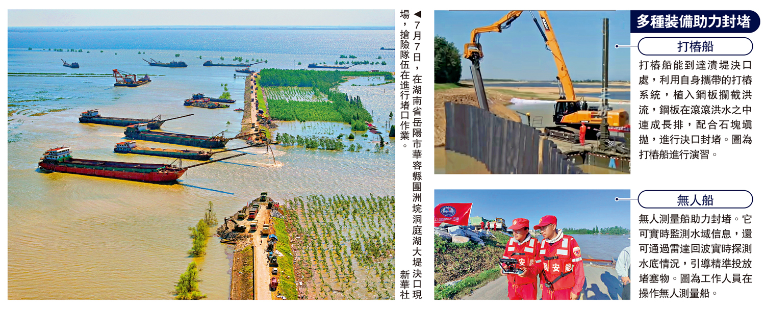 　　圖：7月7日，在湖南省岳陽市華容縣團洲垸洞庭湖大堤決口現場，搶險隊伍在進行堵口作業。\新華社