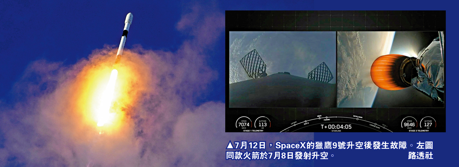 　　圖：7月12日，SpaceX的獵鷹9號升空後發生故障。左圖同款火箭於7月8日發射升空。 路透社