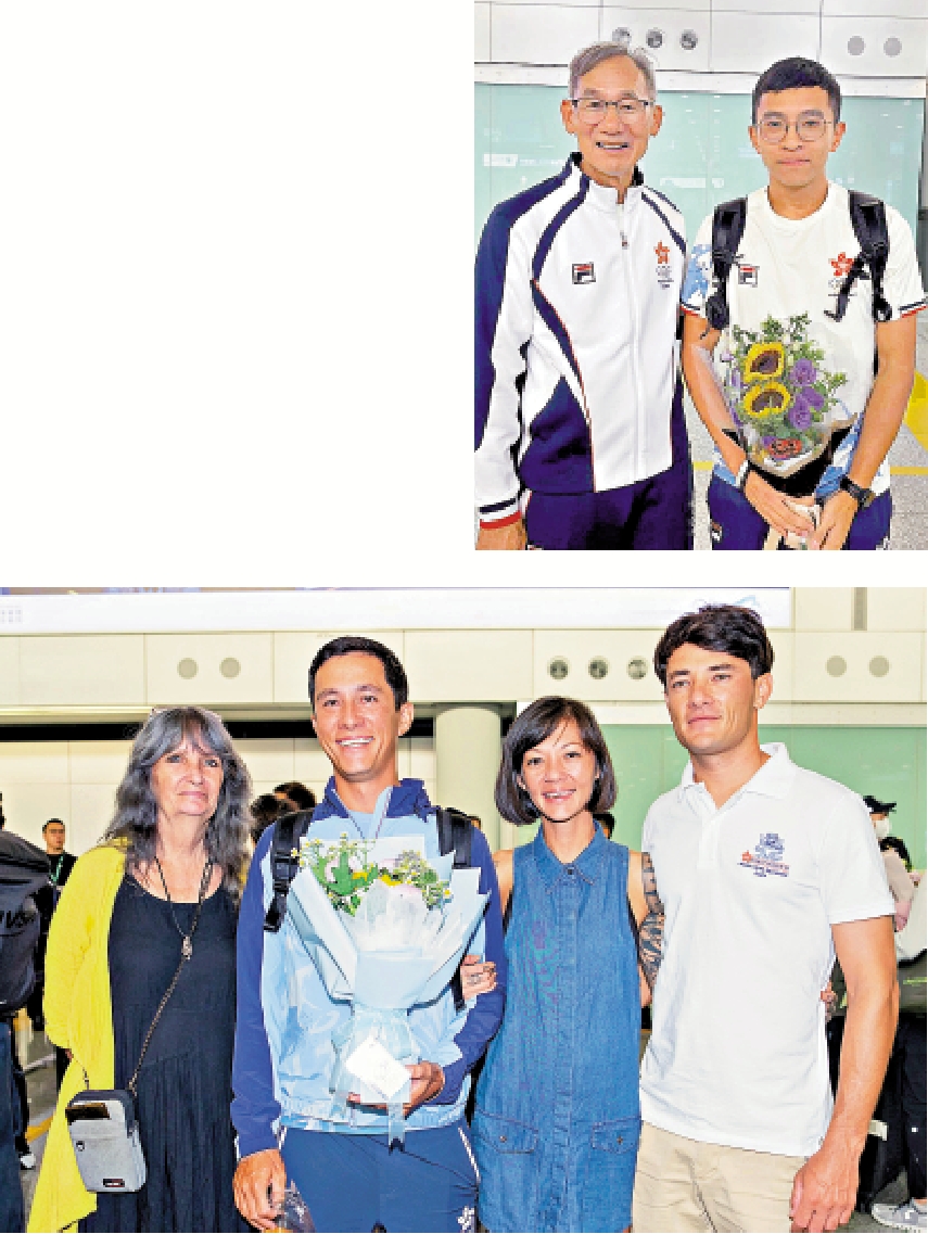 　　上圖：刁俊稀（右）希望下季賽事有進步。下圖：阿輝（左二）家人到機場接機。