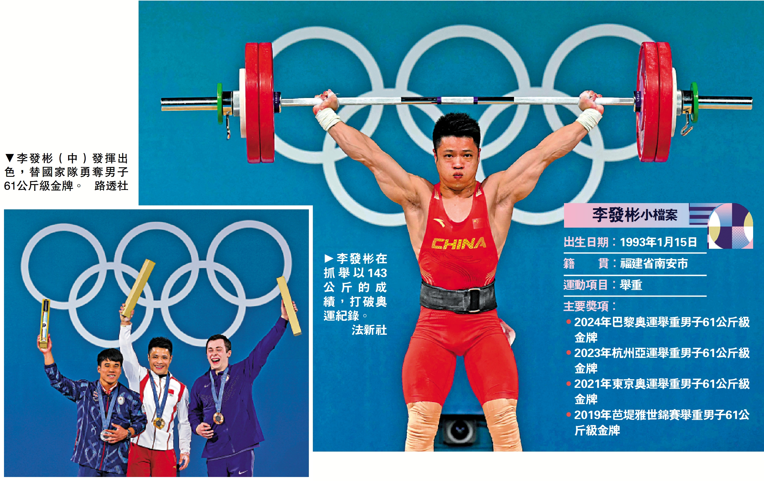　　右圖：李發彬在抓舉以143公斤的成績，打破奧運紀錄。\法新社；左圖：李發彬（中）發揮出色，替國家隊勇奪男子61公斤級金牌。\路透社