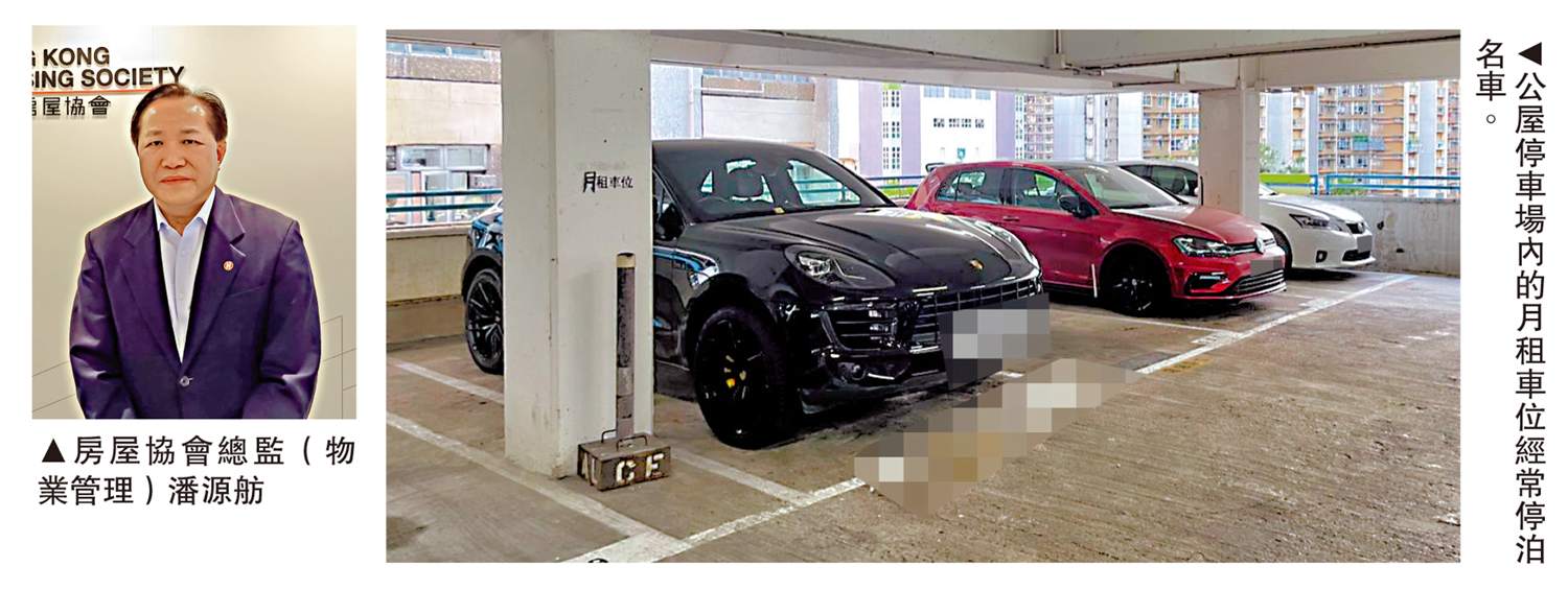 　　左圖：房屋協會總監（物業管理）潘源舫。右圖：公屋停車場內的月租車位經常停泊名車。