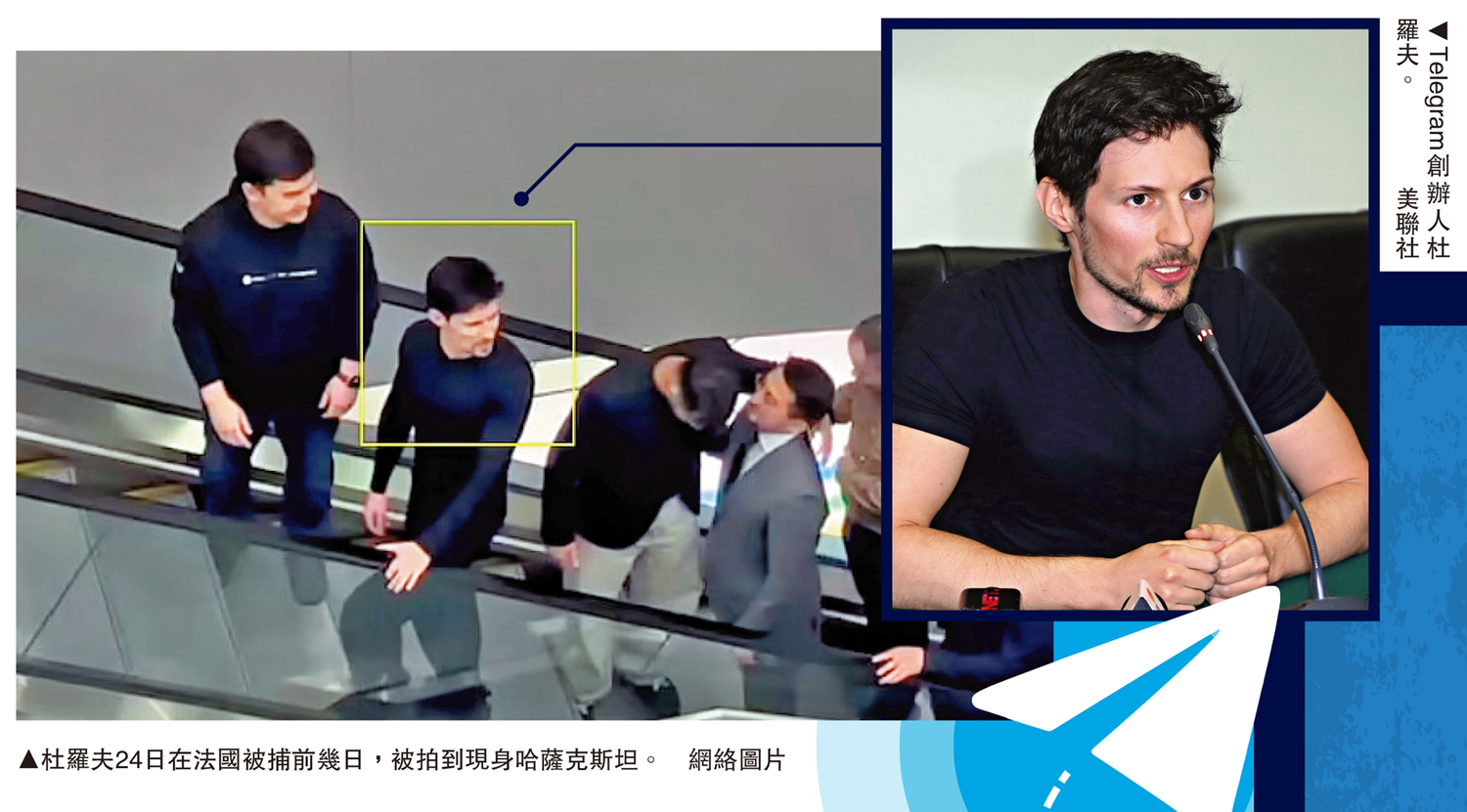 　　左圖：杜羅夫24日在法國被捕前幾日，被拍到現身哈薩克斯坦。\網絡圖片；右圖：Telegram創辦人杜羅夫。\美聯社