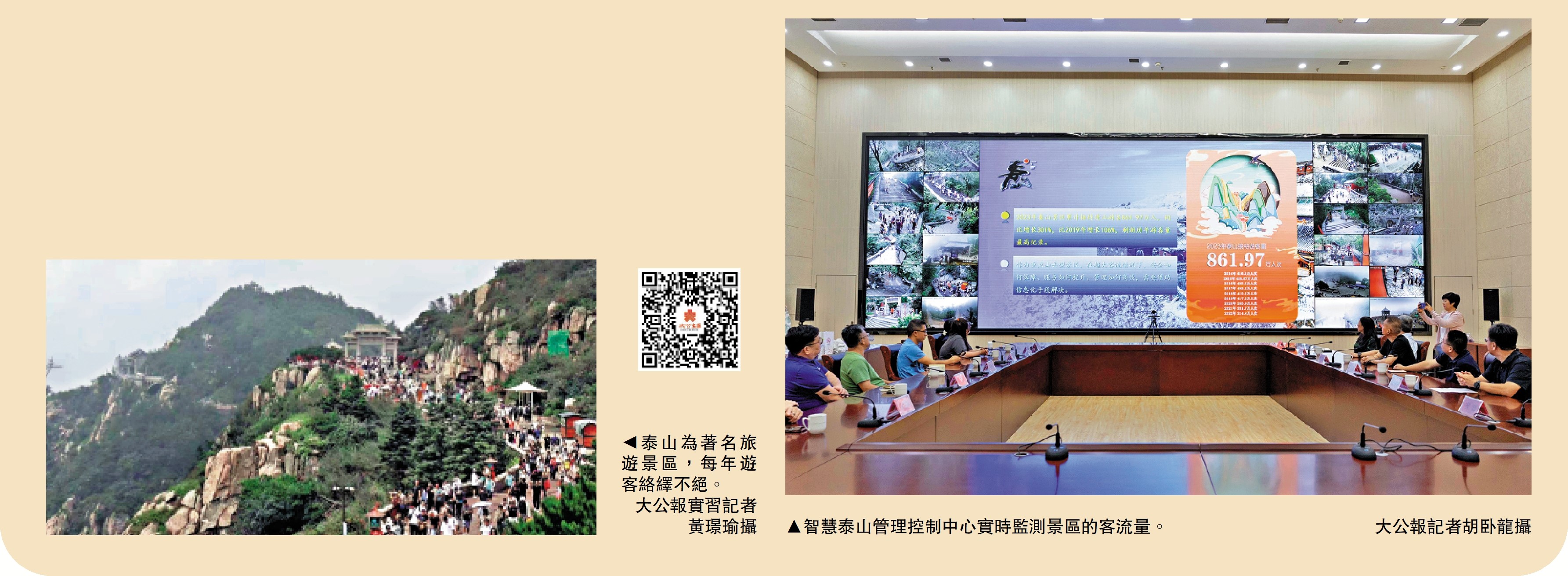 　　右圖：智慧泰山管理控制中心實時監測景區的客流量。\大公報記者胡卧龍攝；左圖：泰山為著名旅遊景區，每年遊客絡繹不絕。\大公報實習記者黃璟瑜攝