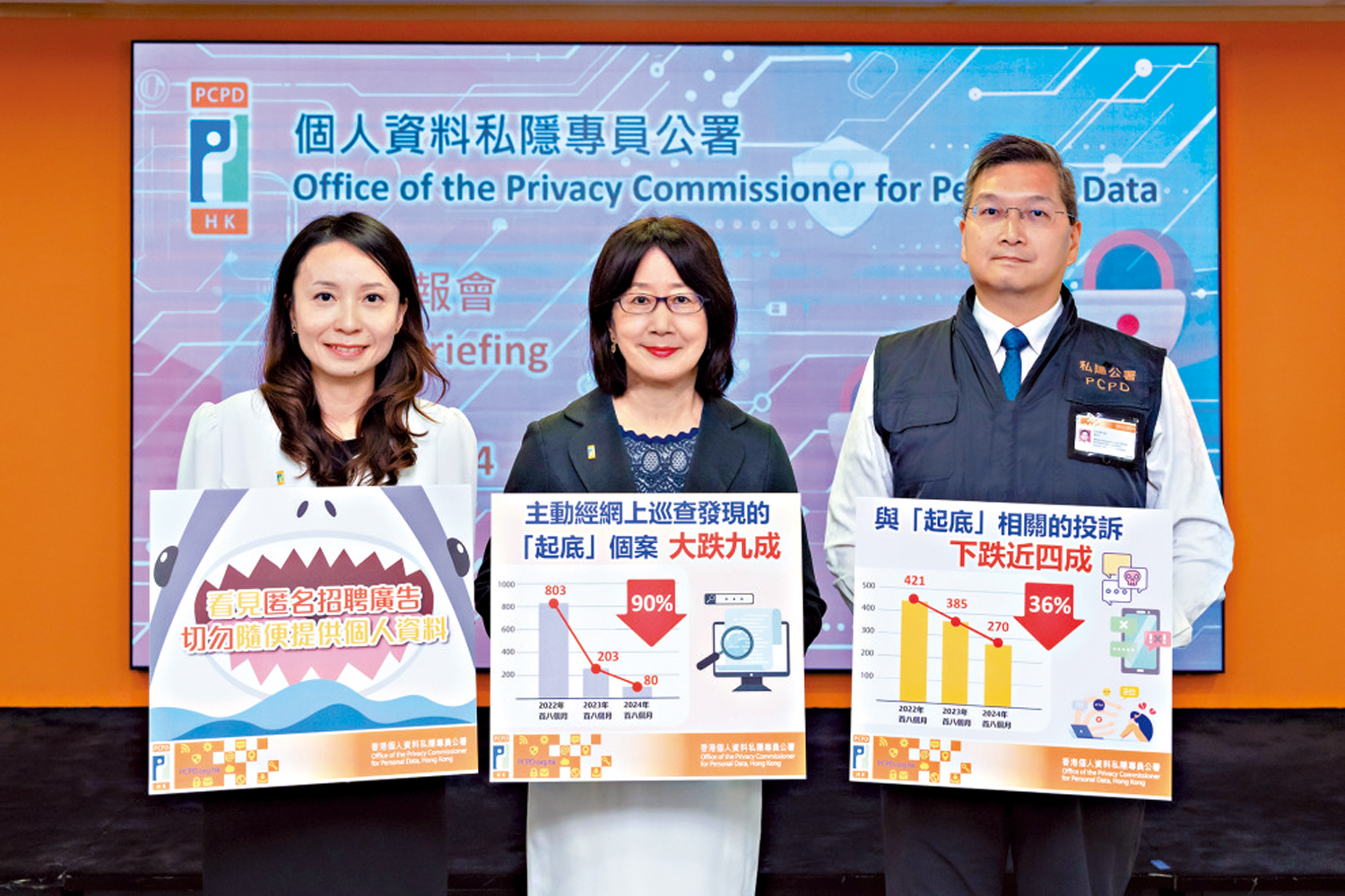 　　圖：私隱專員鍾麗玲（中）、高級律師吳穎軒（左）及高級個人資料主任（刑事調查）盧廸凡（右）會見傳媒。