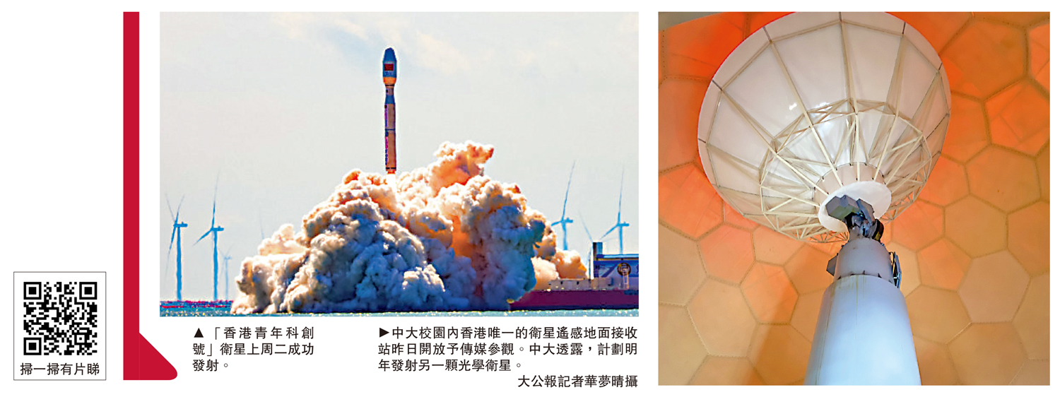 　　左圖：「香港青年科創號」衛星上周二成功發射。右圖：中大校園內香港唯一的衛星遙感地面接收站昨日開放予傳媒參觀。中大透露，計劃明年發射另一顆光學衛星。\大公報記者華夢晴攝