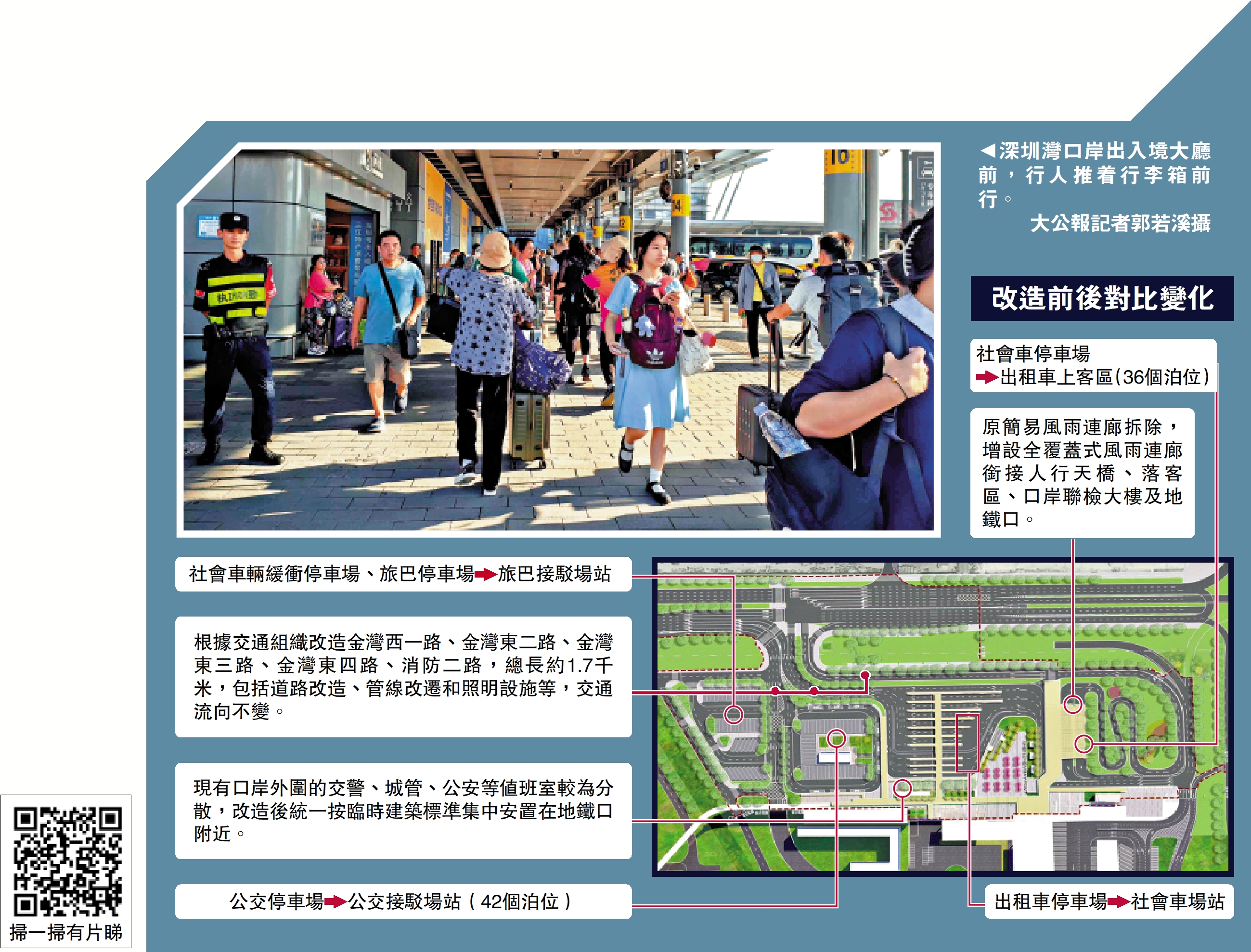 　　圖：深圳灣口岸出入境大廳前，行人推着行李箱前行。\大公報記者郭若溪攝