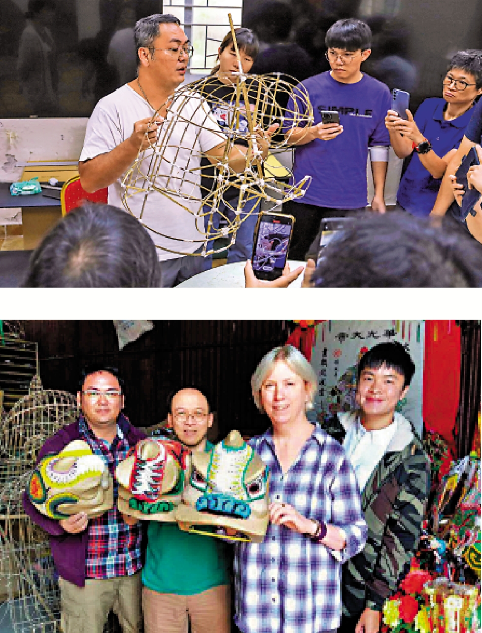 　　上圖：冒卓祺經常出入社區及校園舉辦課程，推廣紮作文化。下圖：冒卓祺的紮作課程，不單有本地學生，更有不少是外國人。