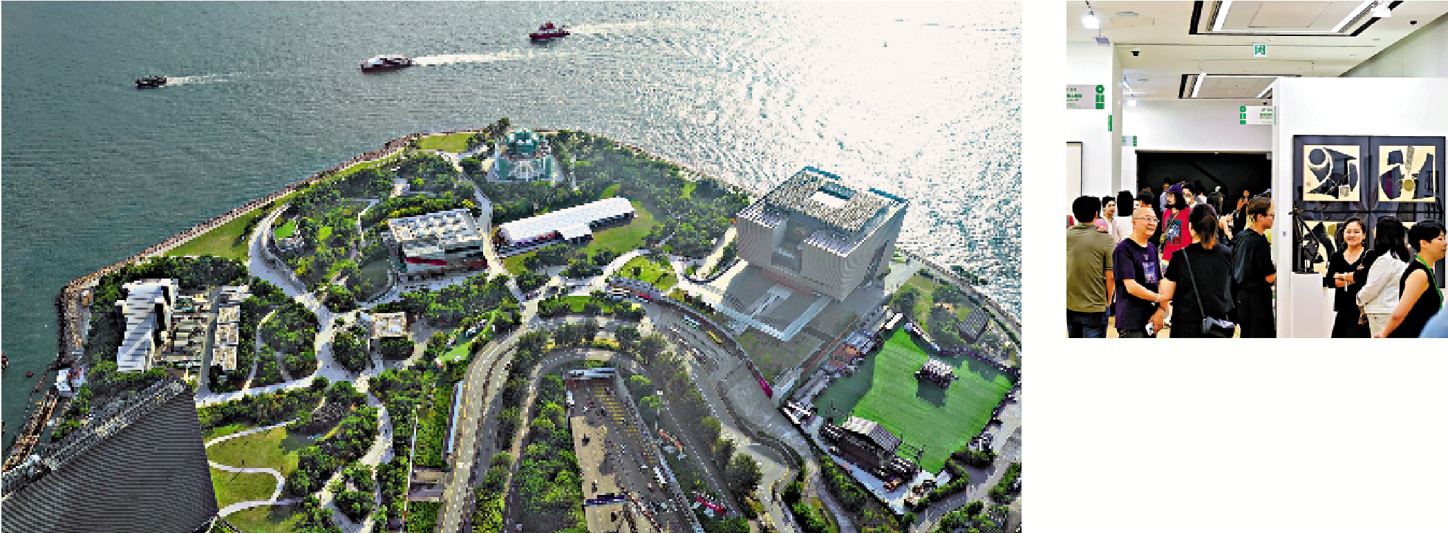 　　左圖：西九文化區有超過20個活動場地可舉辦不同類型盛事。\大公報記者何嘉駿攝；右圖：第一屆ART021 HONG KONG吸引了數以萬計的藝術收藏家雲集香港。