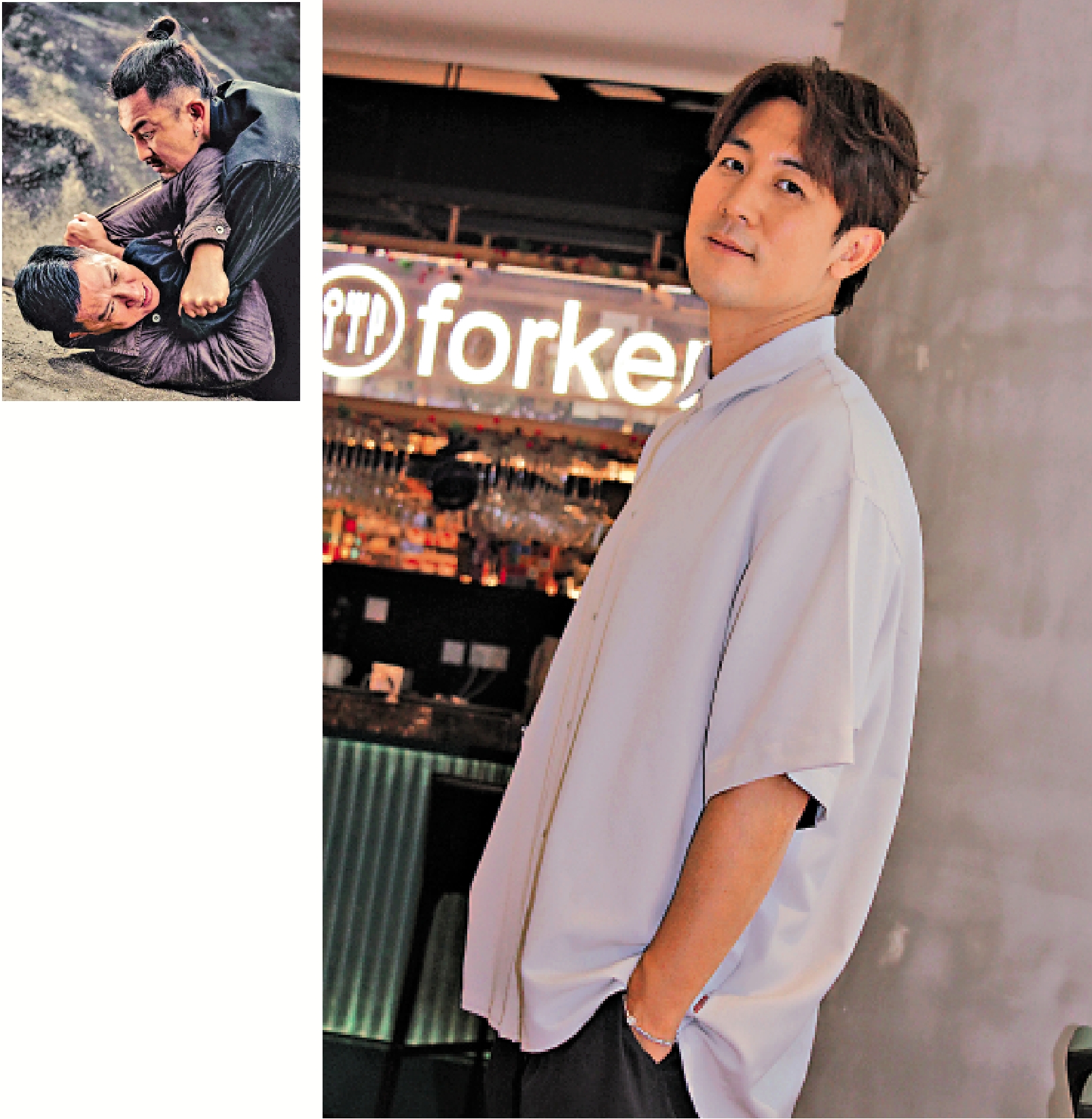 　　左圖：在電影《爆裂點》中，譚俊彥（上）與張家輝有不少打鬥戲。右圖：今年是譚俊彥入行25年，他期待未來可作多方面發展。\大公報記者文霏霏攝