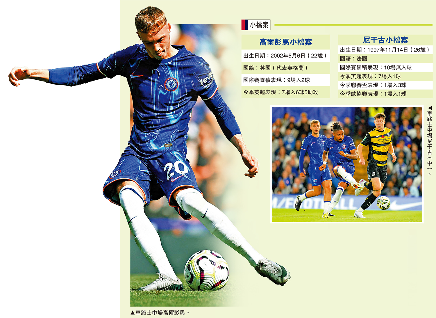 　　左圖：車路士中場高爾彭馬。右圖：車路士中場尼干古（中）。