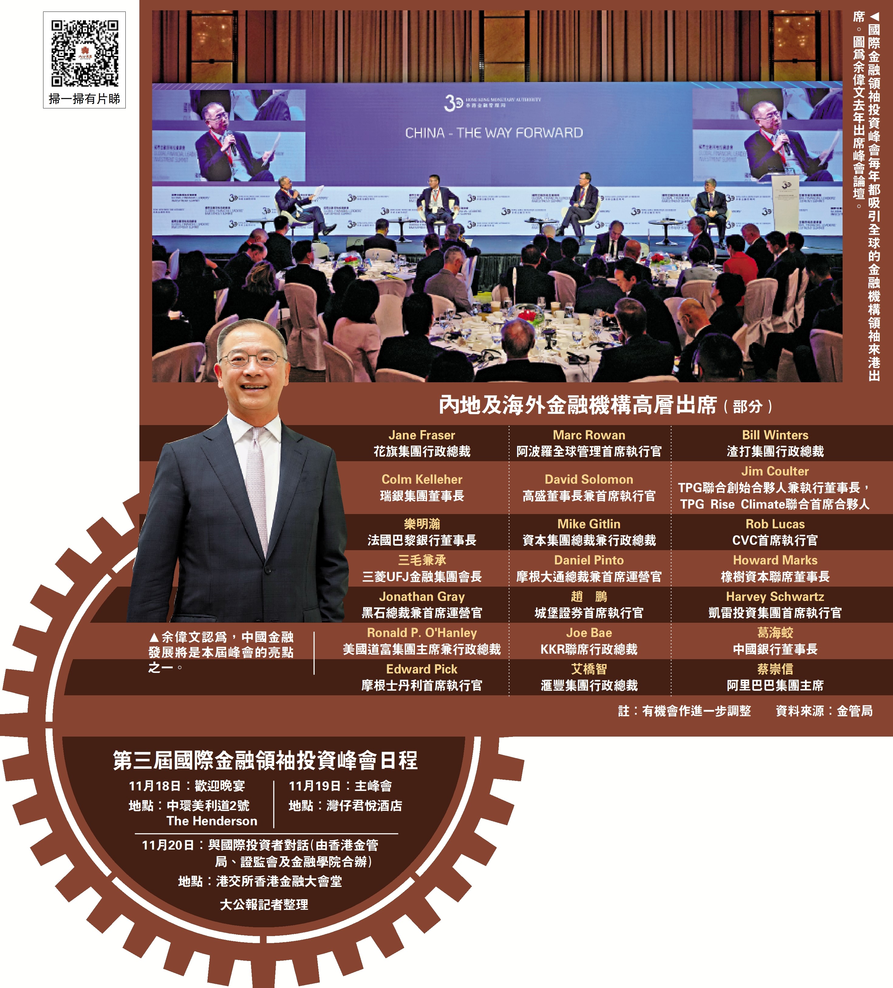 　　圖：國際金融領袖投資峰會每年都吸引全球的金融機構領袖來港出席。圖為余偉文去年出席峰會論壇。