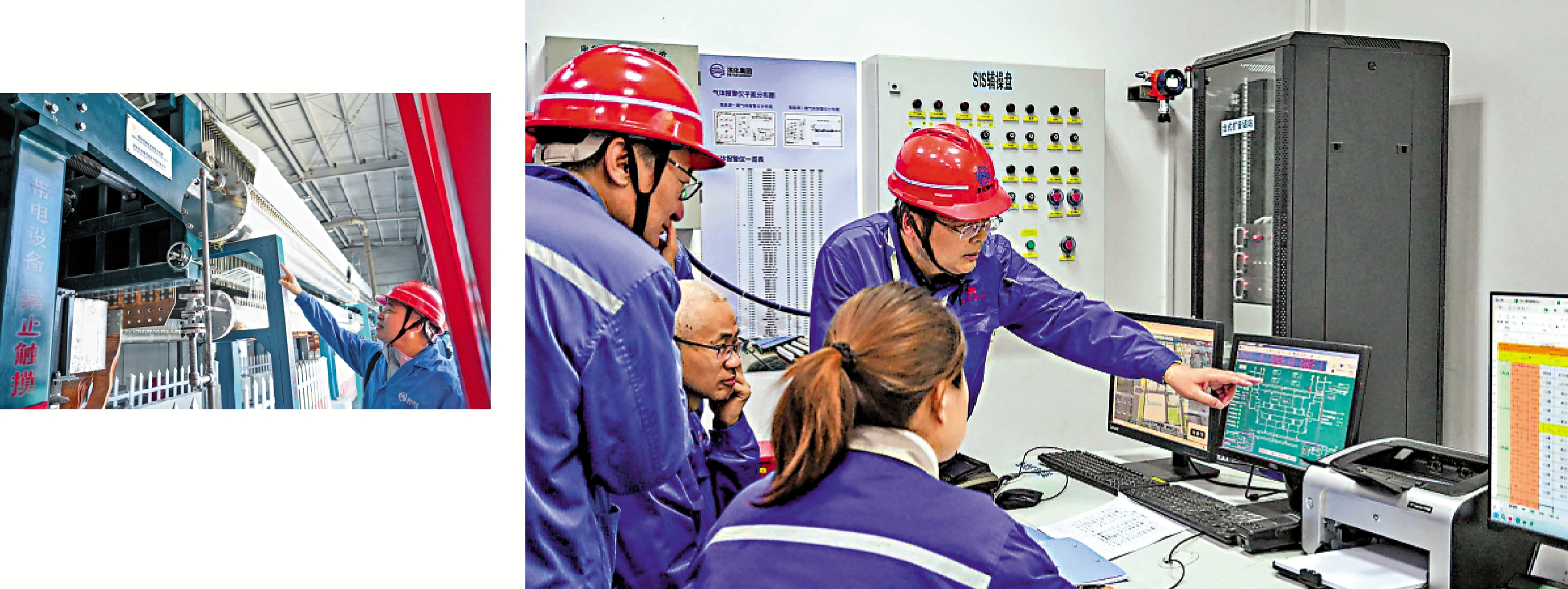 　　左圖：再生綠氫能源科技亞洲有限公司（香港）實現綠氫能源製備核心技術自主可控。右圖：10月24日，評審委員會考察「2000標方常壓型模塊化鹼性電解槽」綠氫製造項目。