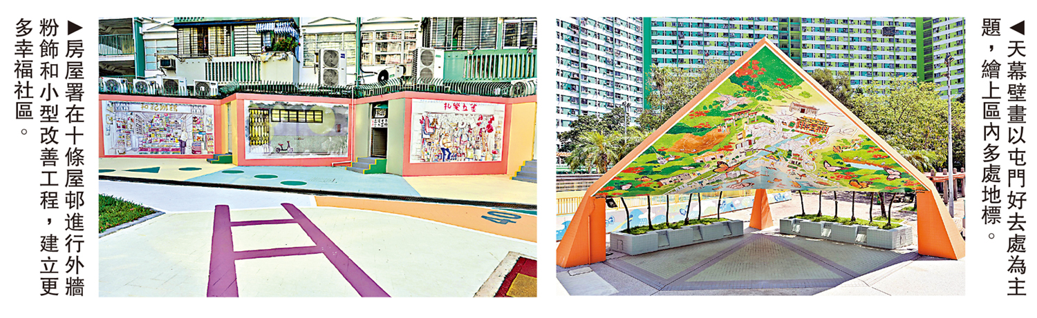 　　左圖：房屋署在十條屋邨進行外牆粉飾和小型改善工程，建立更多幸福社區。右圖：天幕壁畫以屯門好去處為主題，繪上區內多處地標。