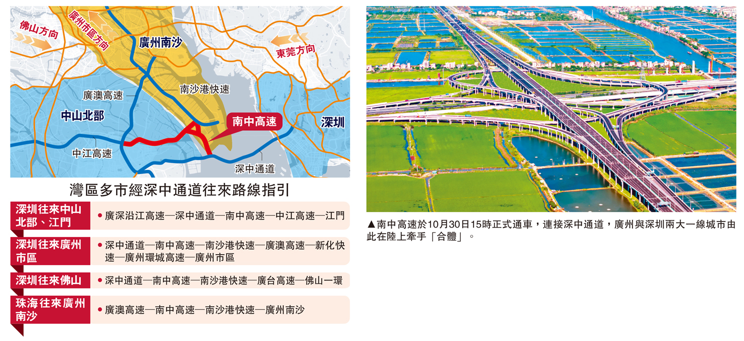 　　圖：南中高速於10月30日15時正式通車，連接深中通道，廣州與深圳兩大一線城市由此在陸上牽手「合體」。