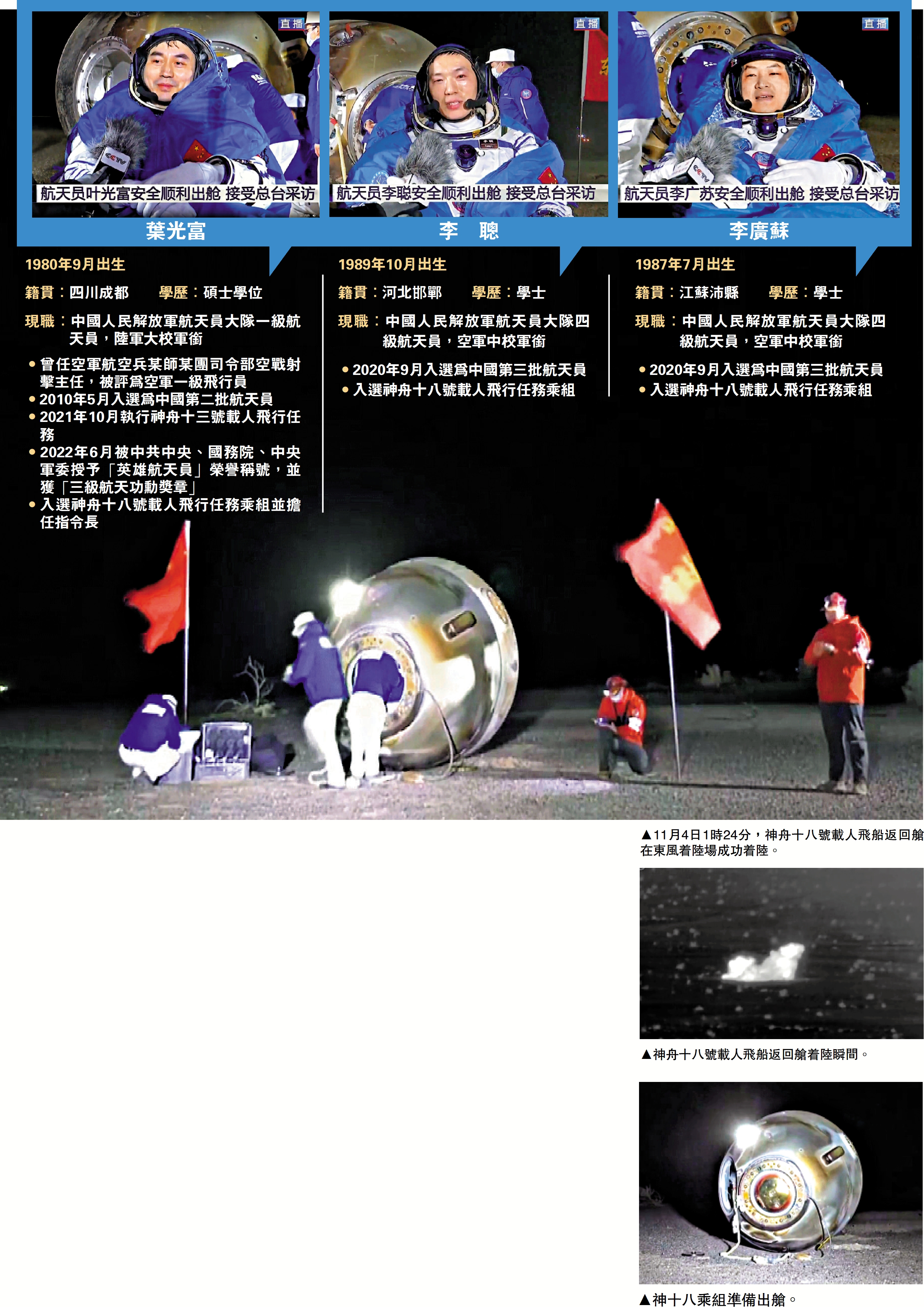 　　上圖：11月4日1時24分，神舟十八號載人飛船返回艙在東風着陸場成功着陸。中圖：神舟十八號載人飛船返回艙着陸瞬間。下圖：神十八乘組準備出艙。