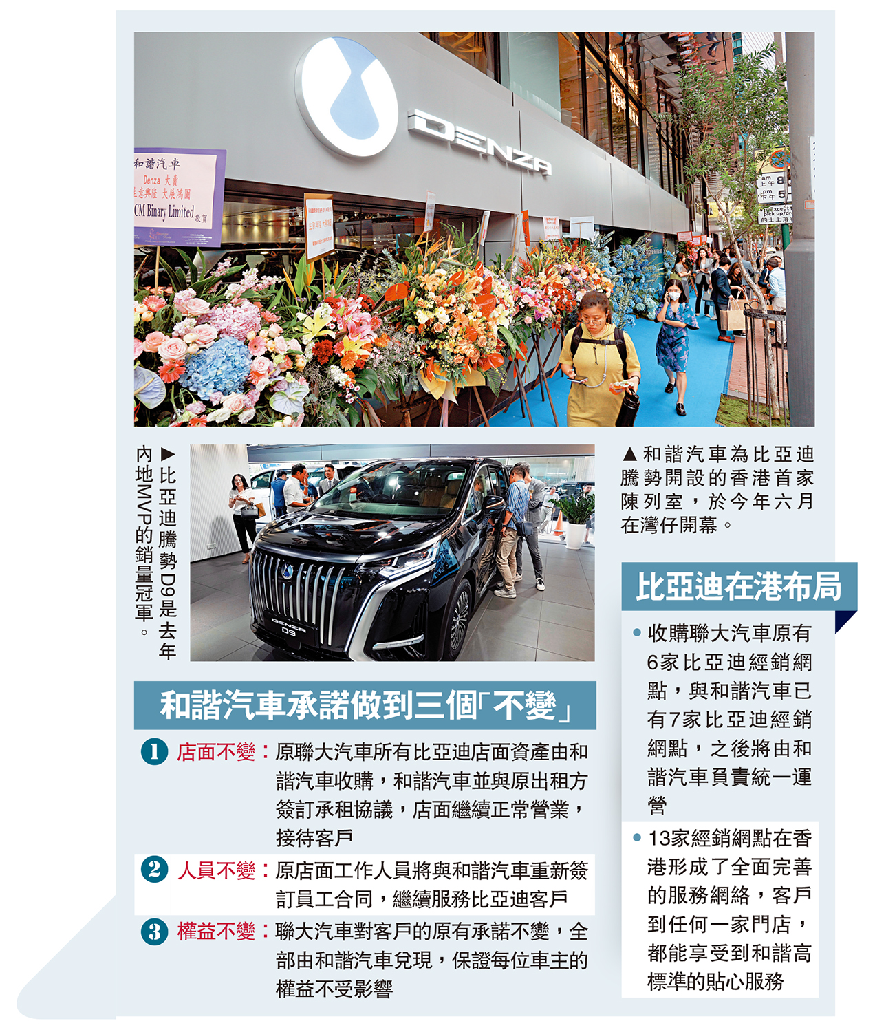 　　上圖：和諧汽車為比亞迪騰勢開設的香港首家陳列室，於今年六月在灣仔開幕。下圖：比亞迪騰勢D9是去年內地MVP的銷量冠軍。