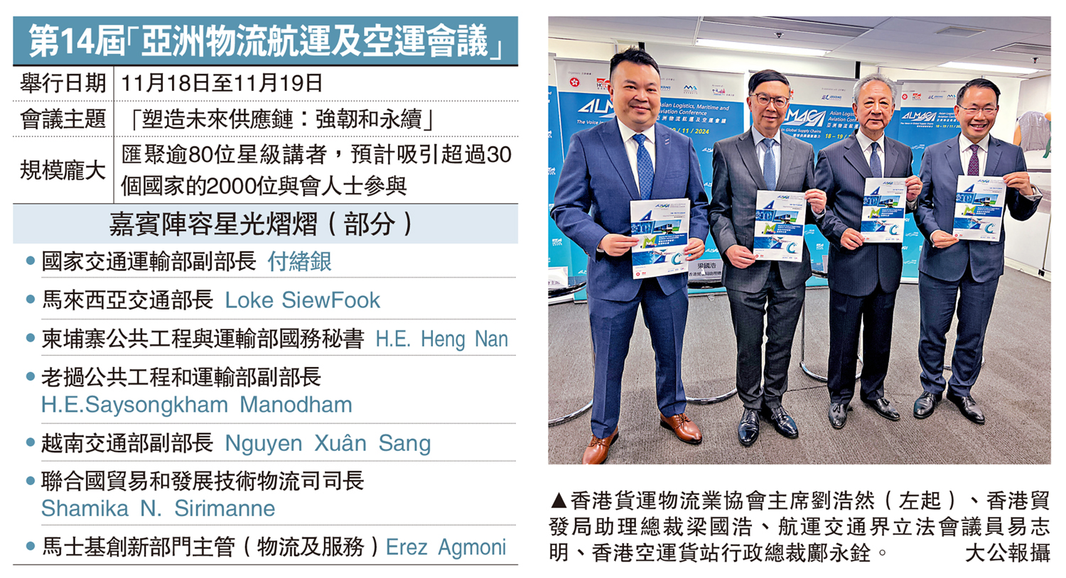 　　圖：香港貨運物流業協會主席劉浩然（左起）、香港貿發局助理總裁梁國浩、航運交通界立法會議員易志明、香港空運貨站行政總裁鄺永銓。\大公報攝