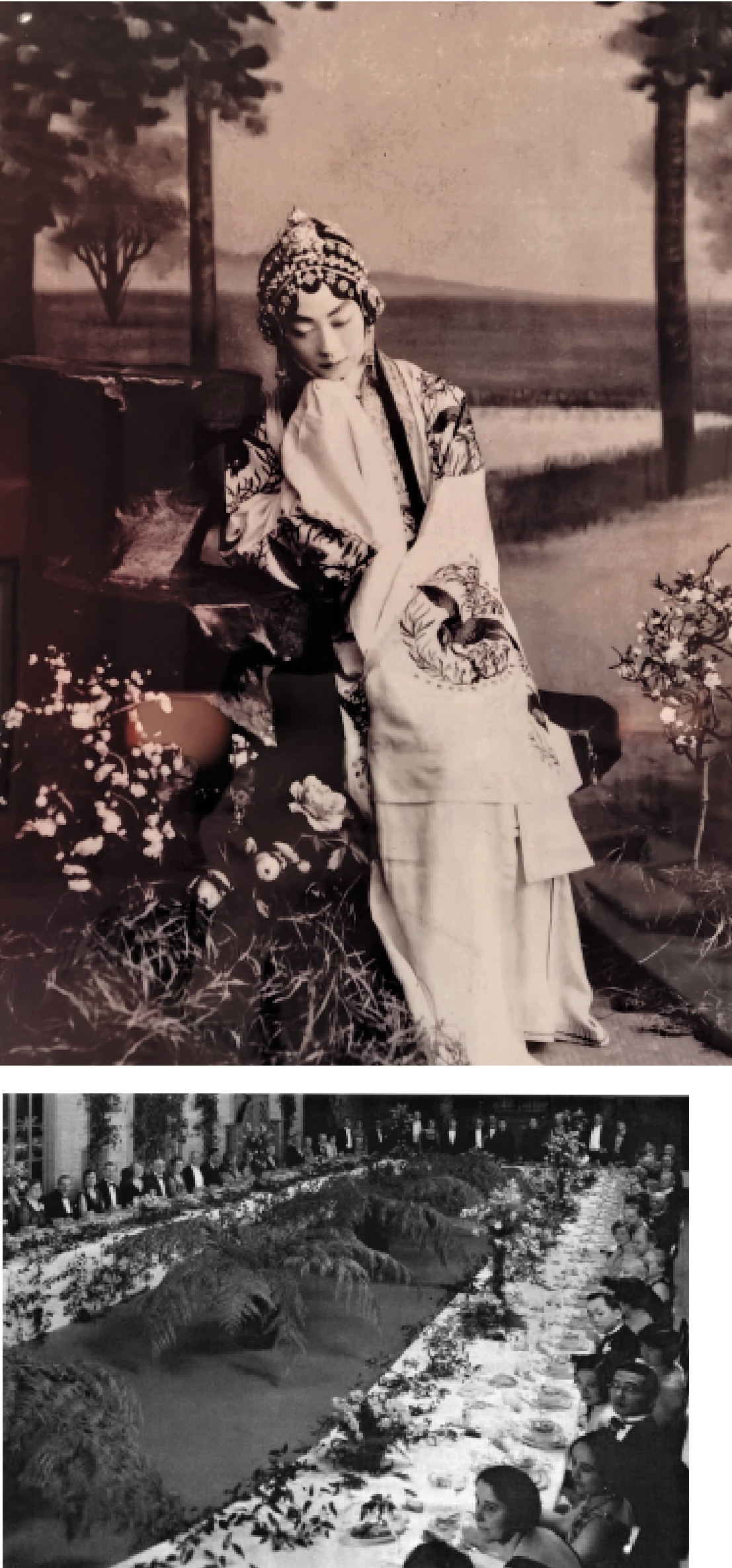 　　上圖：梅蘭芳《遊園驚夢》劇妝造。下圖：1930年，美國政界、商界、戲劇界等盛情招待梅蘭芳團隊訪美（《梅蘭芳訪美京劇圖譜》）。