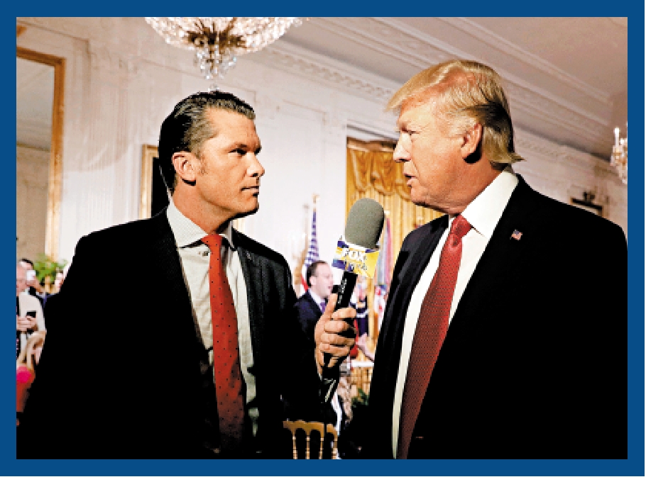 　　圖：2017年4月，海格塞斯（左）在白宮採訪特朗普。\路透社