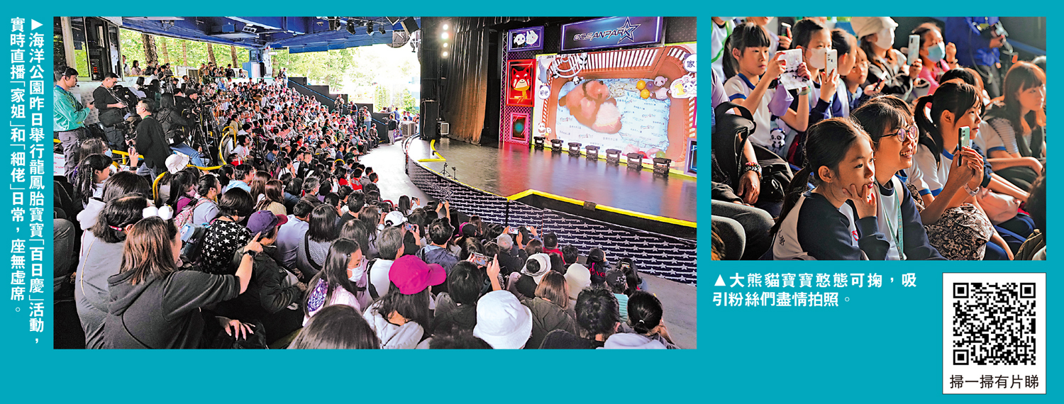 　　左圖：海洋公園昨日舉行龍鳳胎寶寶「百日慶」活動，實時直播「家姐」和「細佬」日常，座無虛席。右圖：大熊貓寶寶憨態可掬，吸引粉絲們盡情拍照。