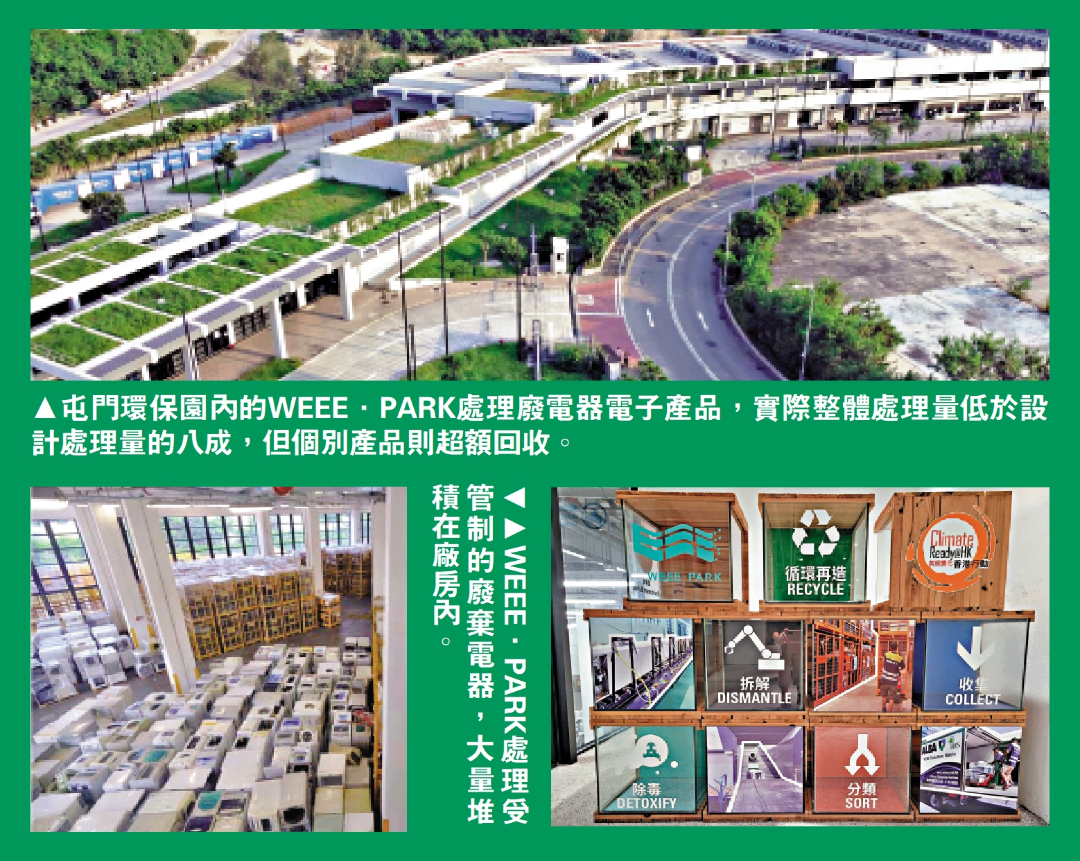 　　上圖：屯門環保園內的WEEE·PARK處理廢電器電子產品，實際整體處理量低於設計處理量的八成，但個別產品則超額回收。下圖：WEEE·PARK處理受管制的廢棄電器，大量堆積在廠房內。